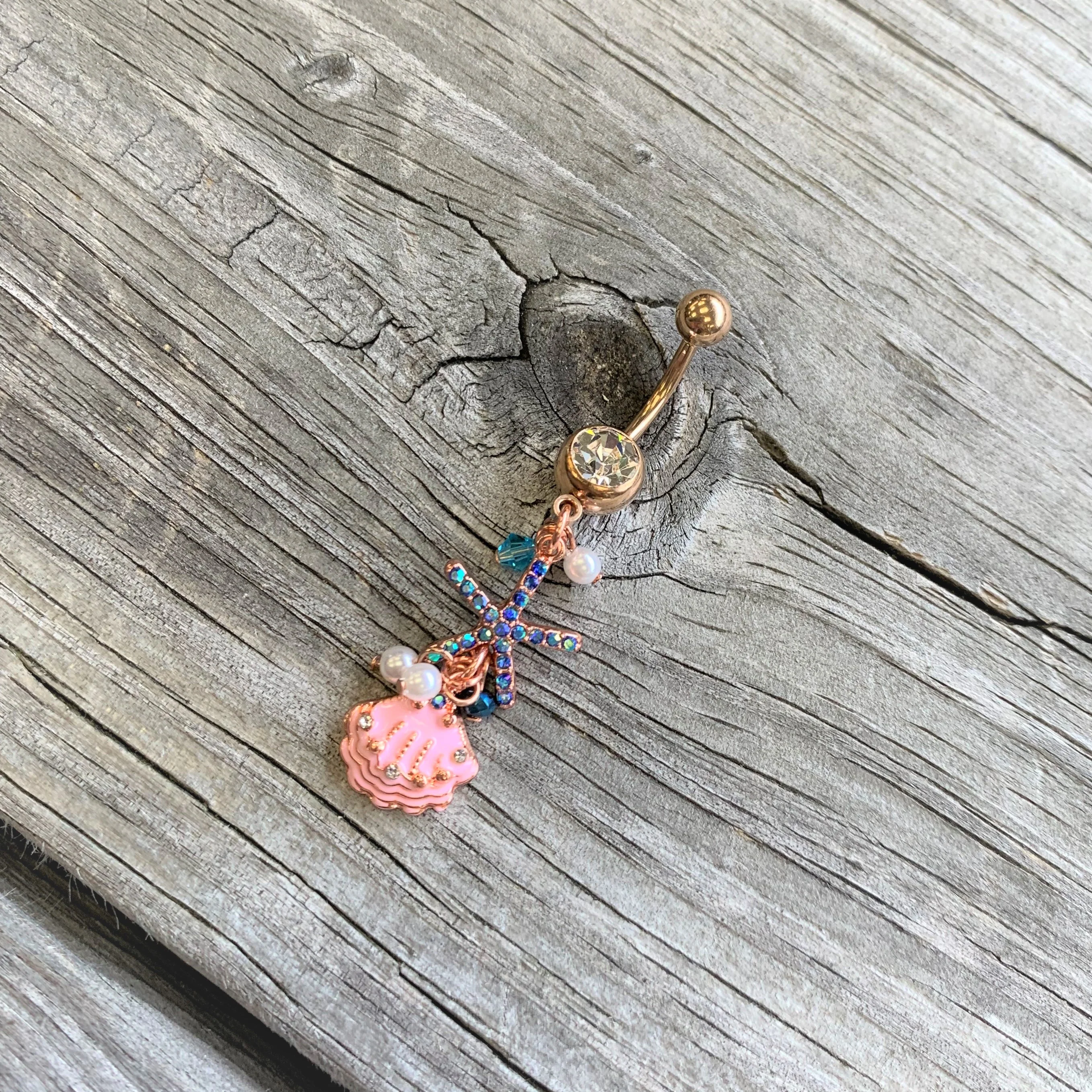 Clear Blue Gem Gold Tone Ocean Treasure Nautical Dangle Belly Ring - Image 3