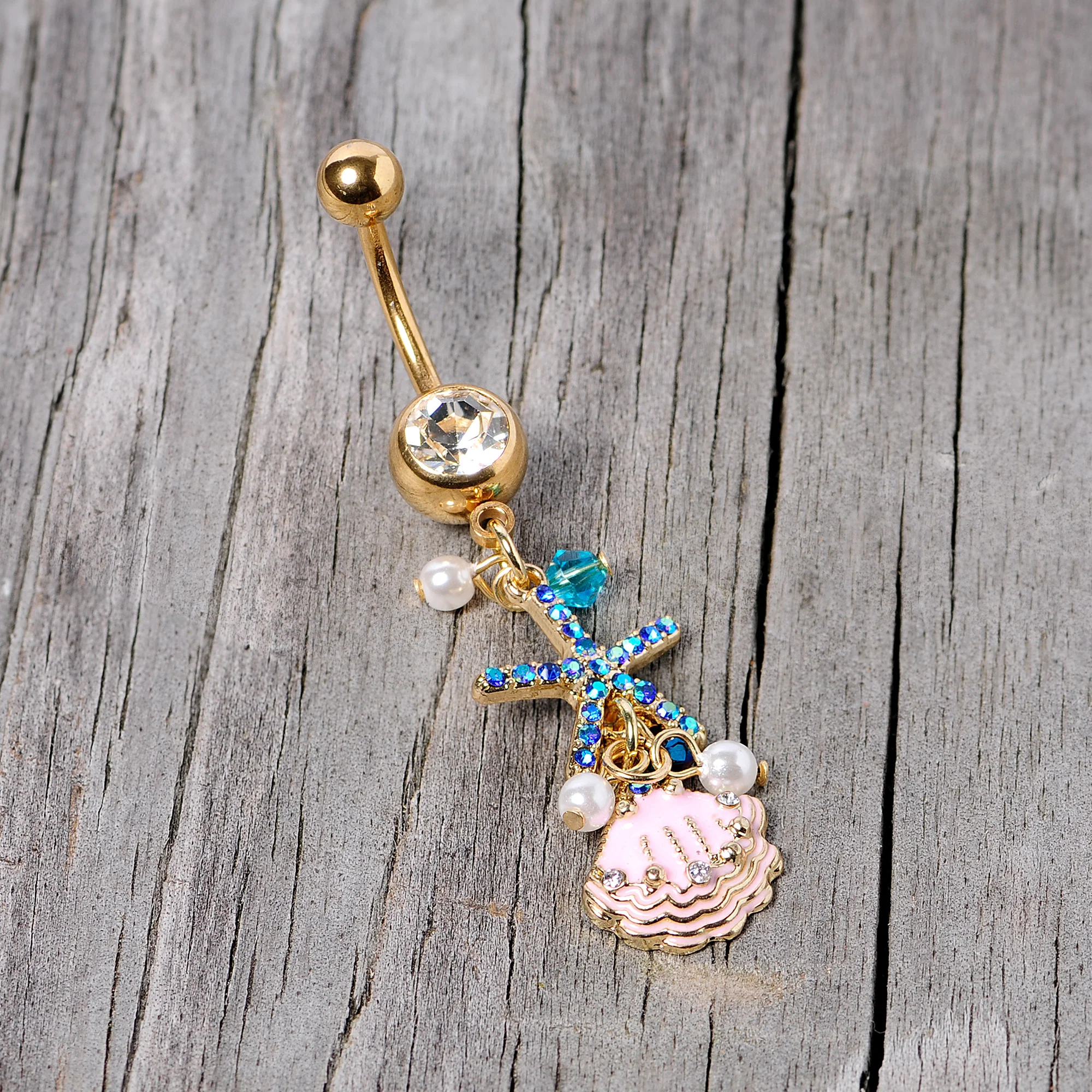 Clear Blue Gem Gold Tone Ocean Treasure Nautical Dangle Belly Ring - Image 5