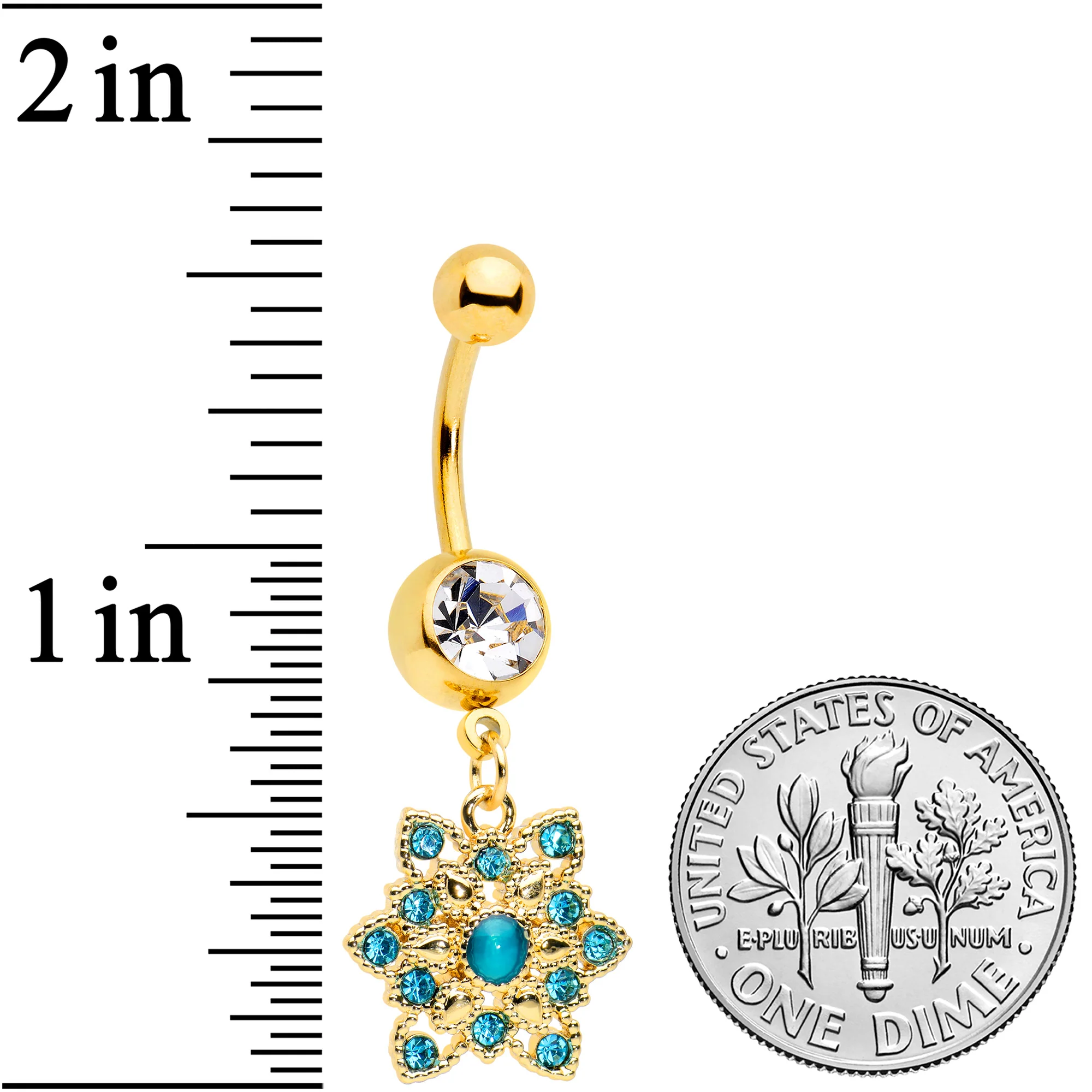 Clear Blue Gem Gold Tone Snowflake Christmas Dangle Belly Ring - Image 2
