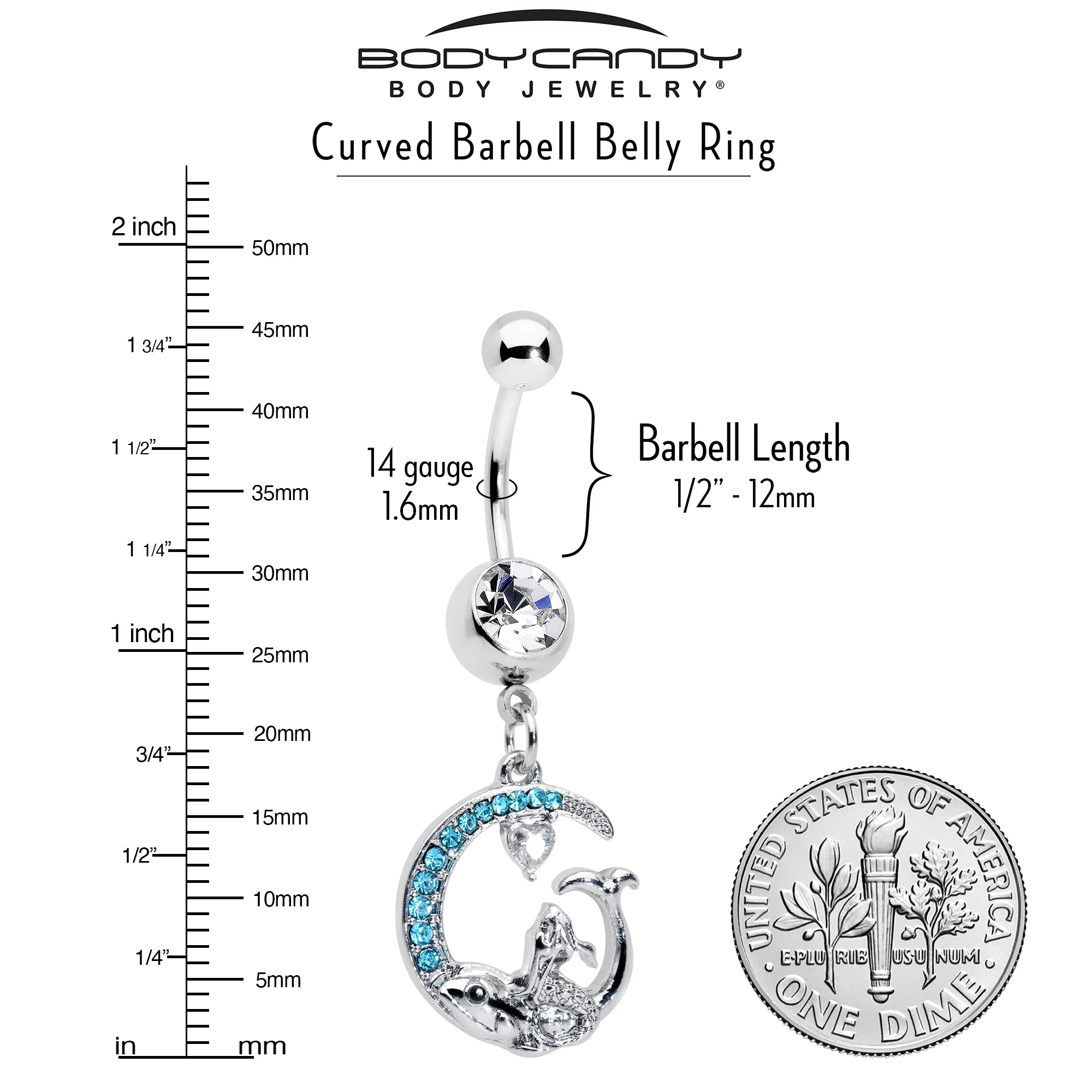 Clear Blue Gem Mermaid Whale Rider Moon Dangle Belly Ring - Image 3