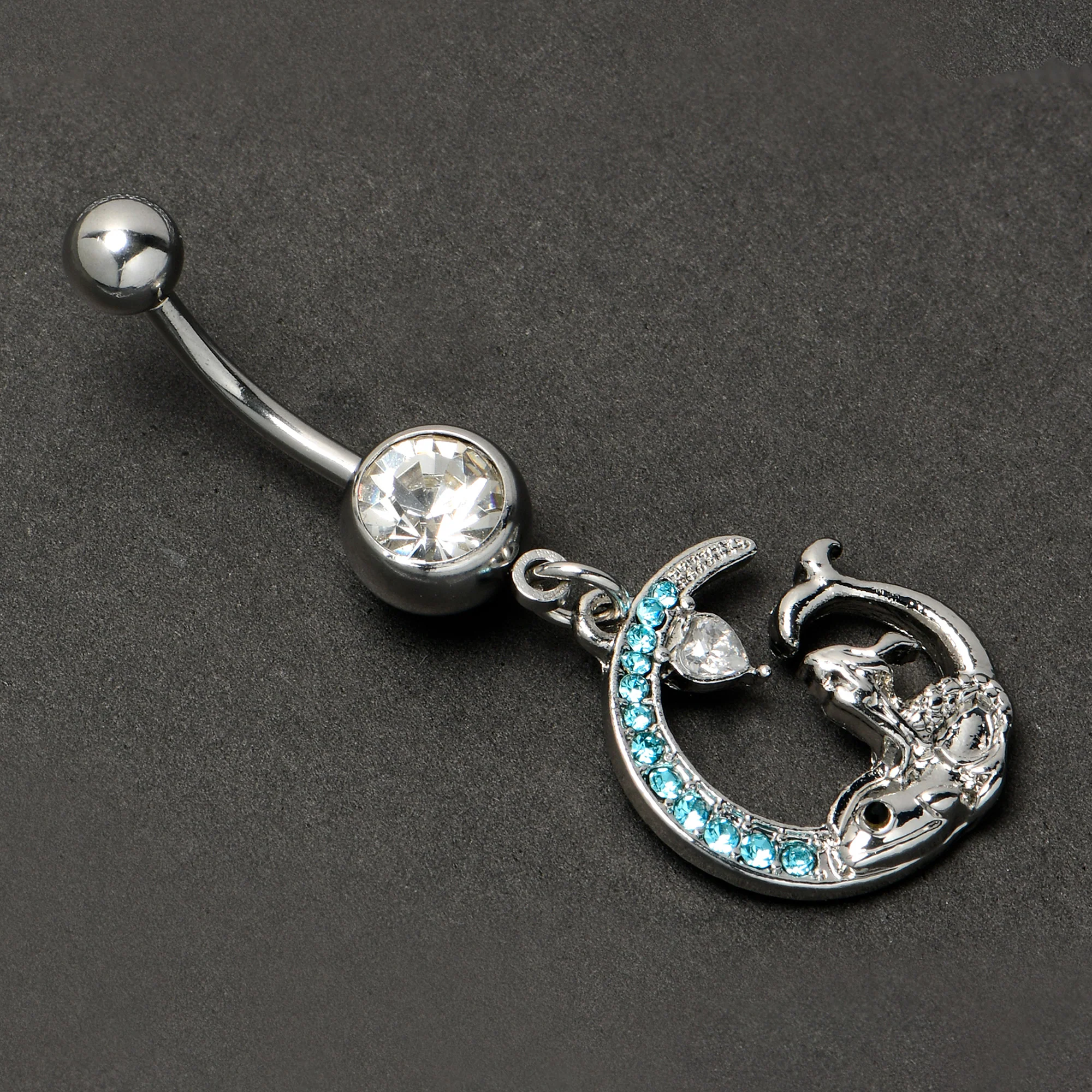 Clear Blue Gem Mermaid Whale Rider Moon Dangle Belly Ring - Image 4