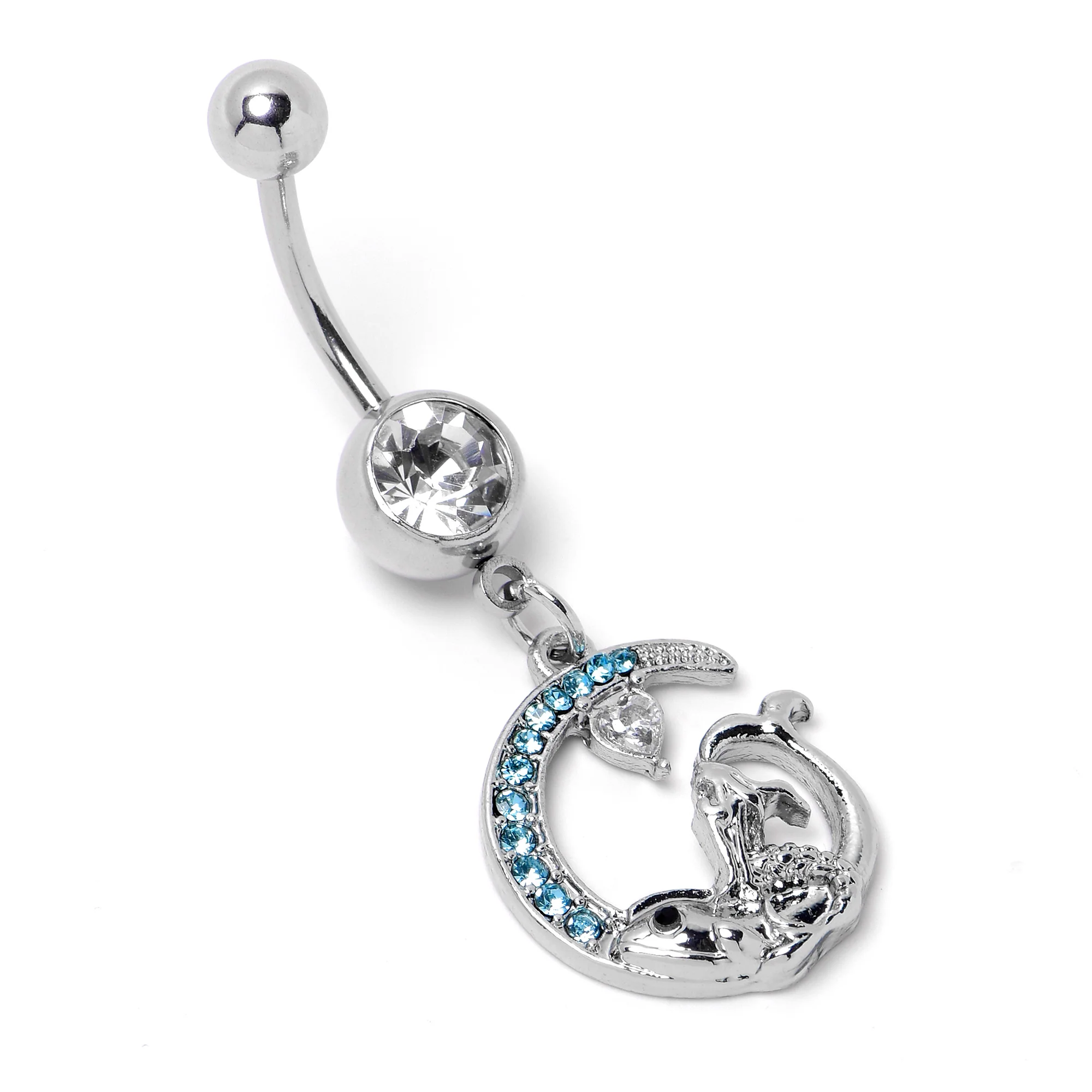 Clear Blue Gem Mermaid Whale Rider Moon Dangle Belly Ring - Image 5