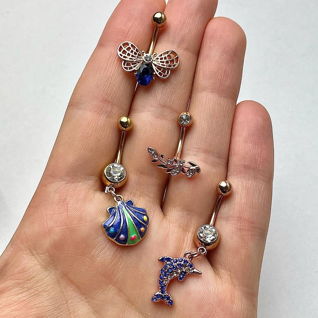 Clear Blue Gem Rose Gold Tone Dolphin Dangle Belly Ring - Image 2
