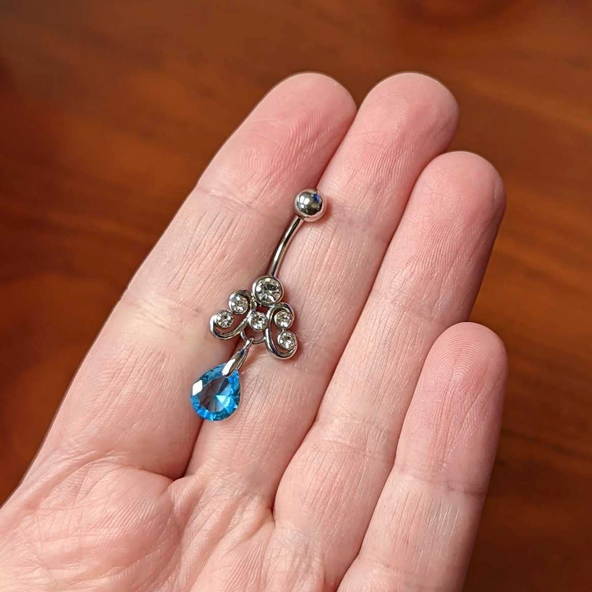 Clear Blue Gem Scrolling Elegance Dangle Belly Ring - Image 3
