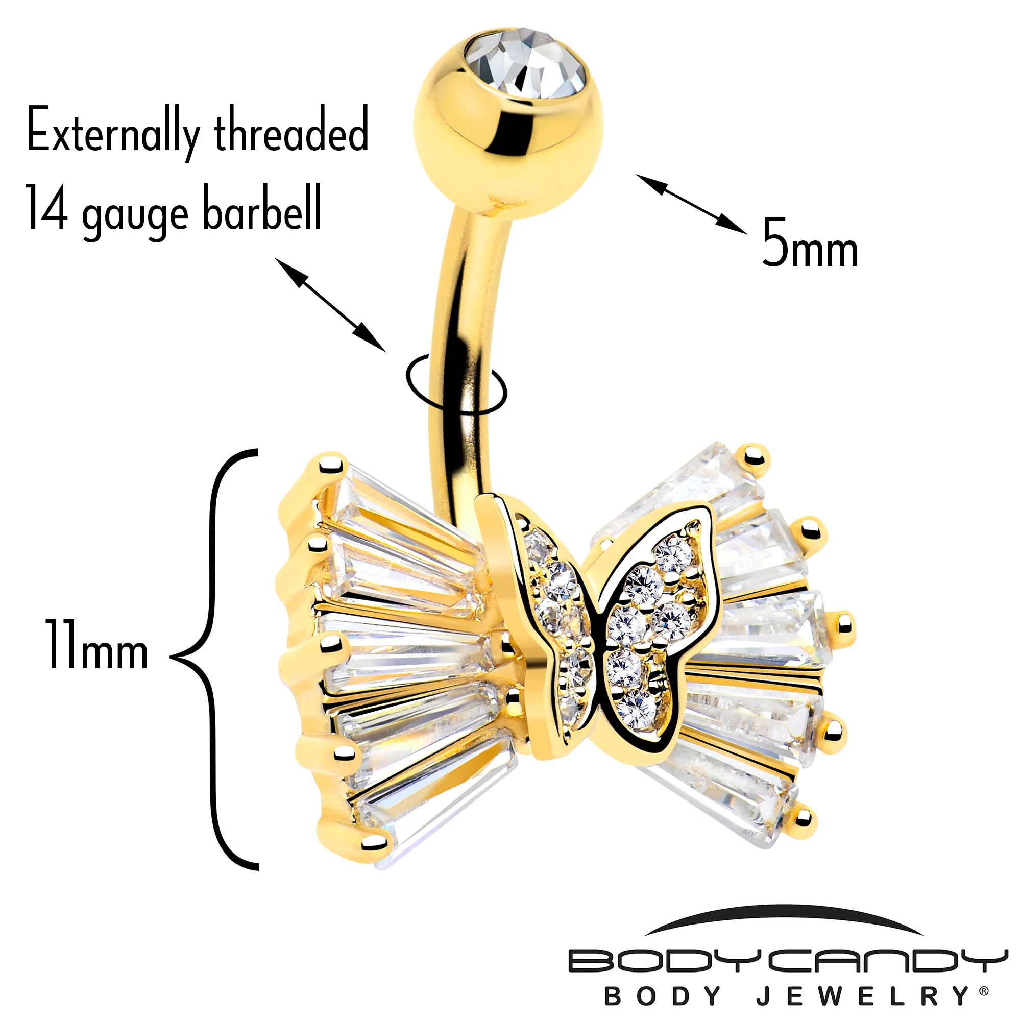 Clear CZ Gem 14k Gold Plated Butterfly Bow Belly Ring - Image 2