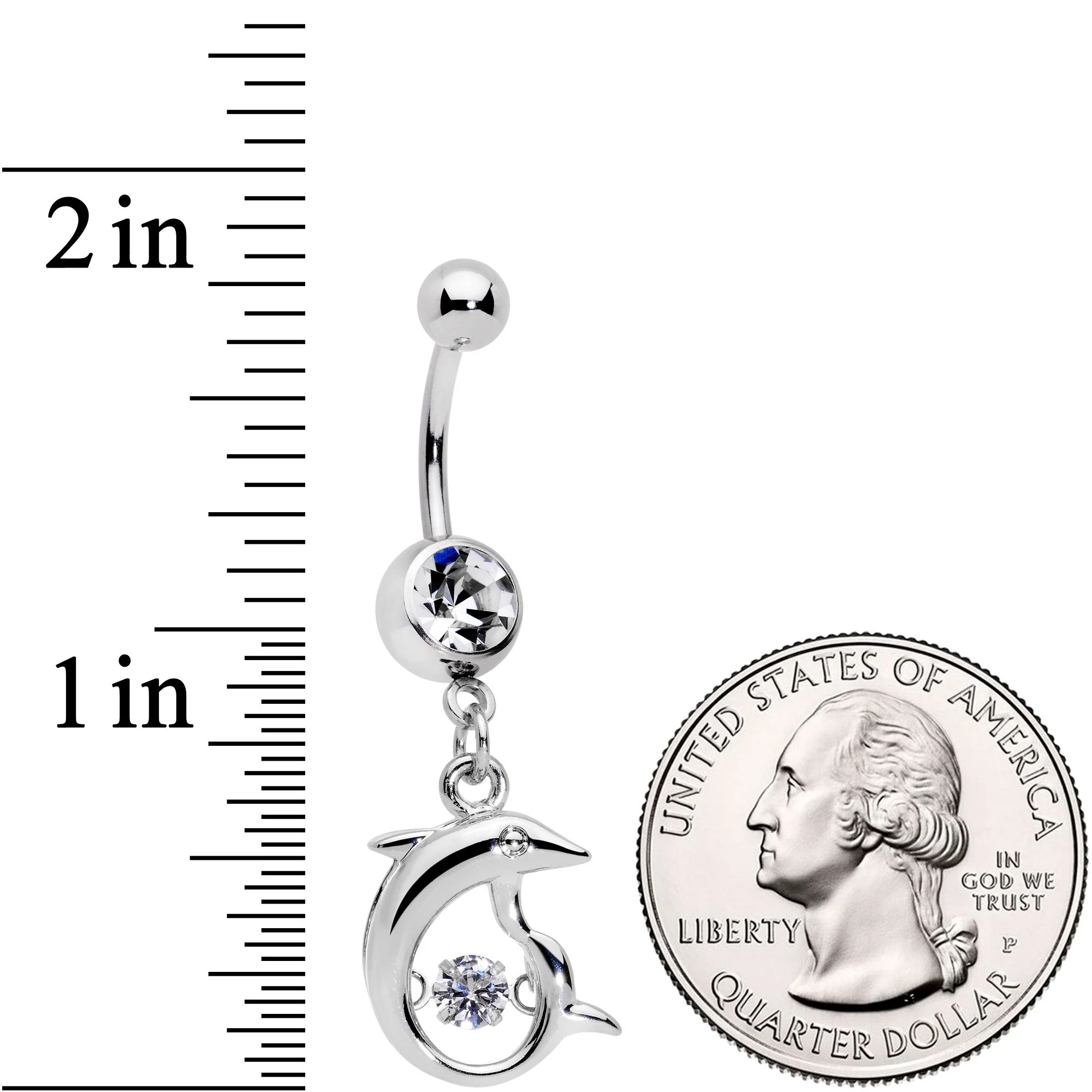 Clear CZ Gem Abstract Dancing Dolphin Dangle Belly Ring - Image 3