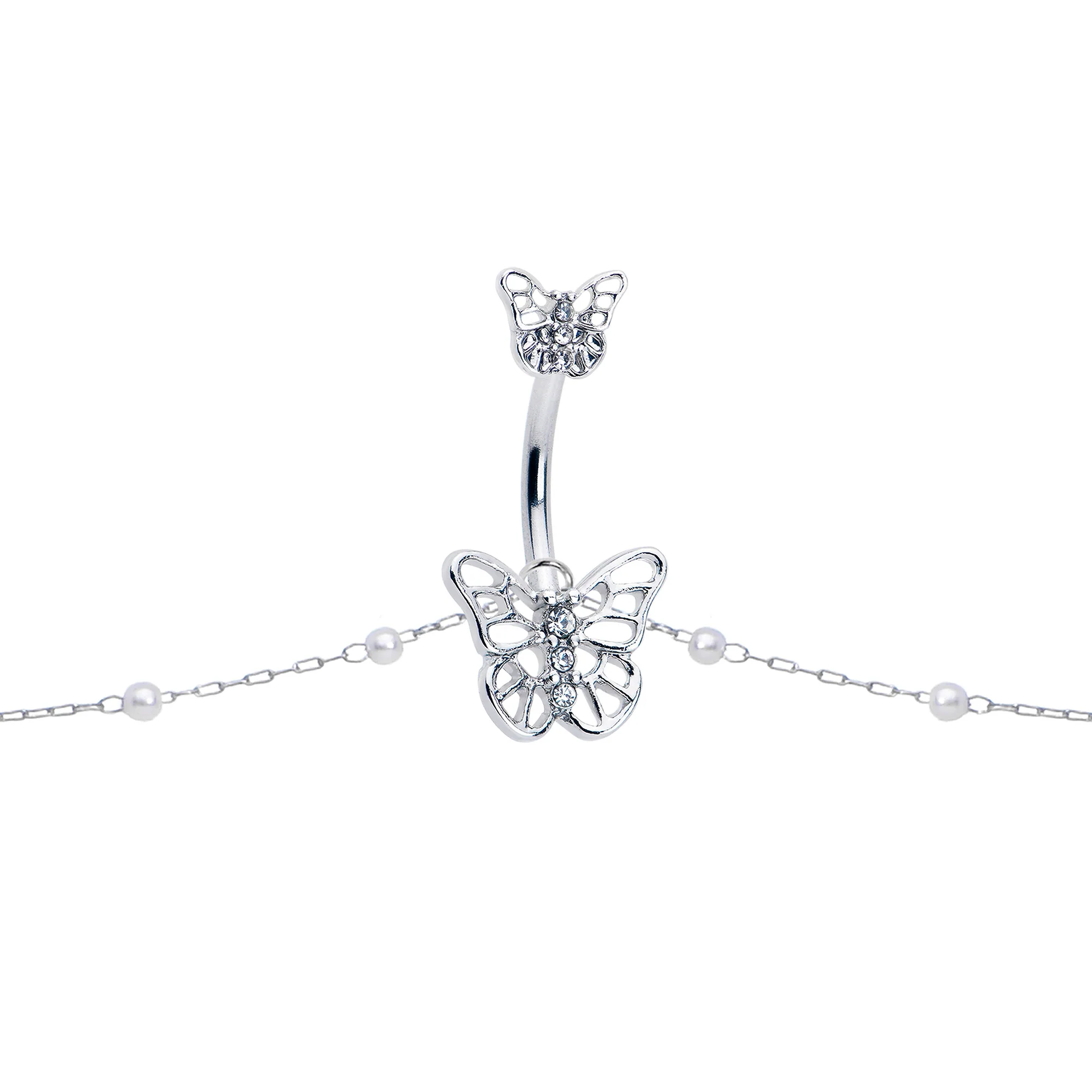 Clear CZ Gem Butterfly Faux Pearl Double Mount Belly Ring Belly Chain - Image 3