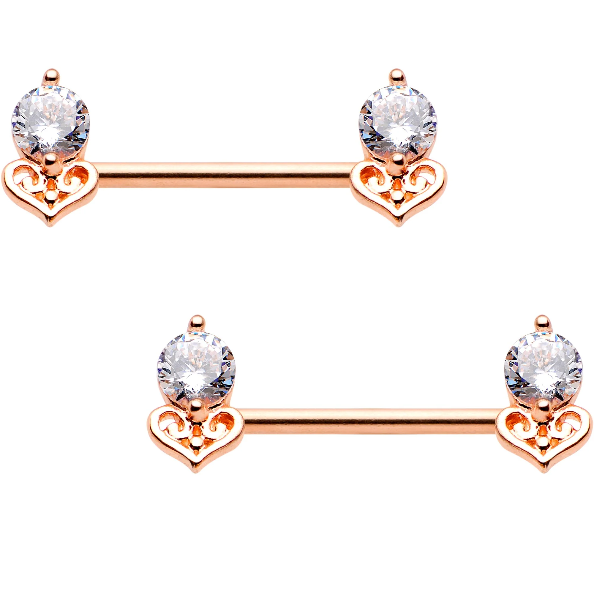 14G Clear CZ Gem Rose Gold Tone BCR Ring Barbell Nipple Ring Set - Image 2