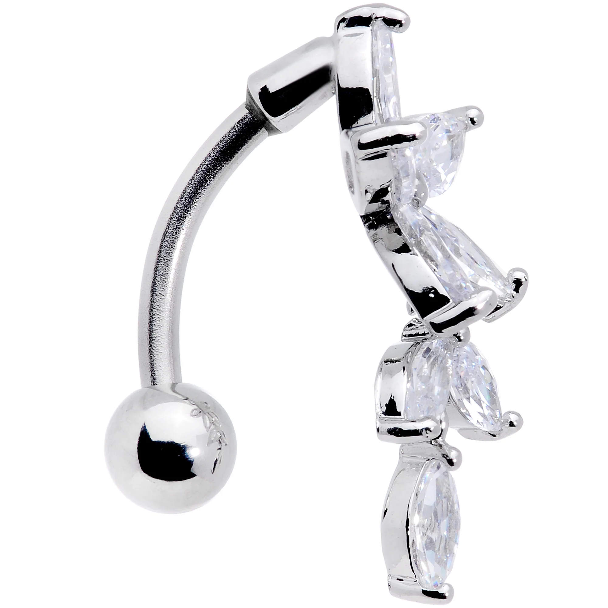 Clear CZ Gem Fashion Flower Dangle Top Mount Belly Ring - Image 3