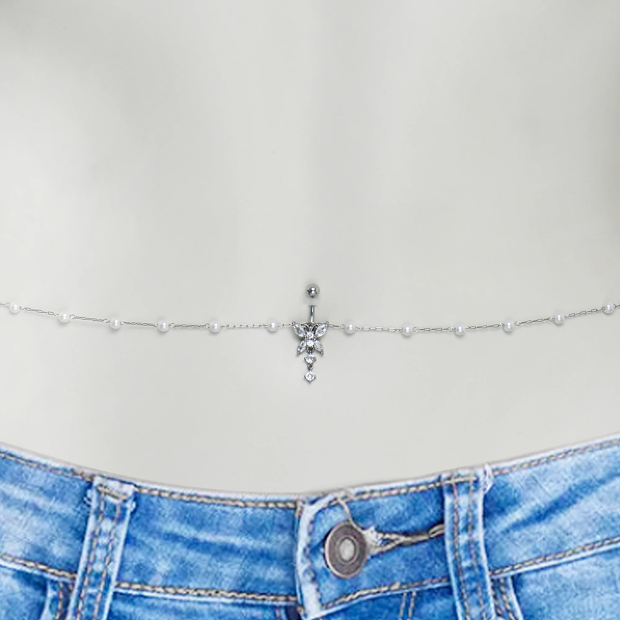 Clear CZ Gem Glam Butterfly Faux Pearl Dangle Belly Ring Belly Chain - Image 2
