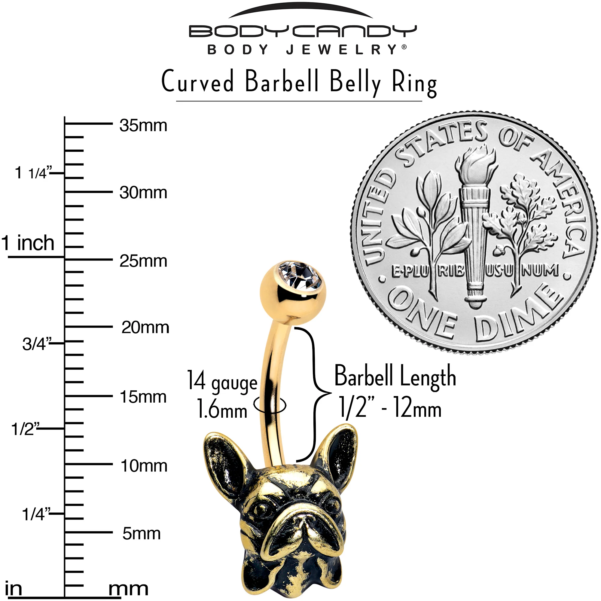 Clear CZ Gem Gold Tone Anodized French Bulldog Belly Ring - Image 3