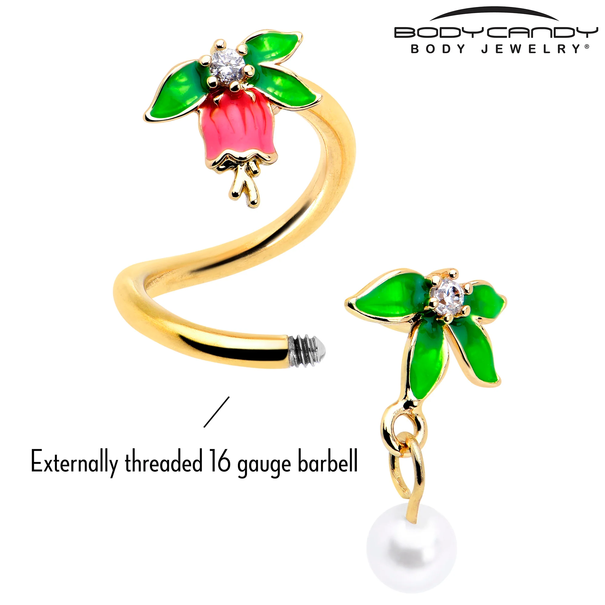 Clear CZ Gem Gold Tone Bell Flower Spiral Twister Belly Ring - Image 3