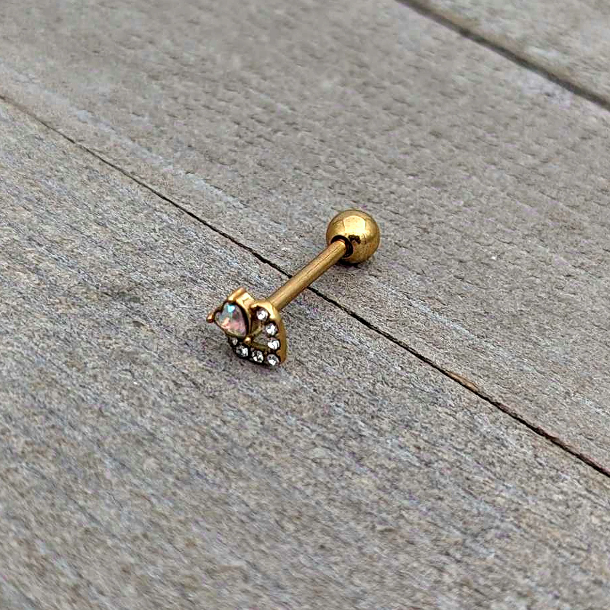 Clear CZ Gem Gold Tone Double Valentine Heart Barbell Tongue Ring - Image 8