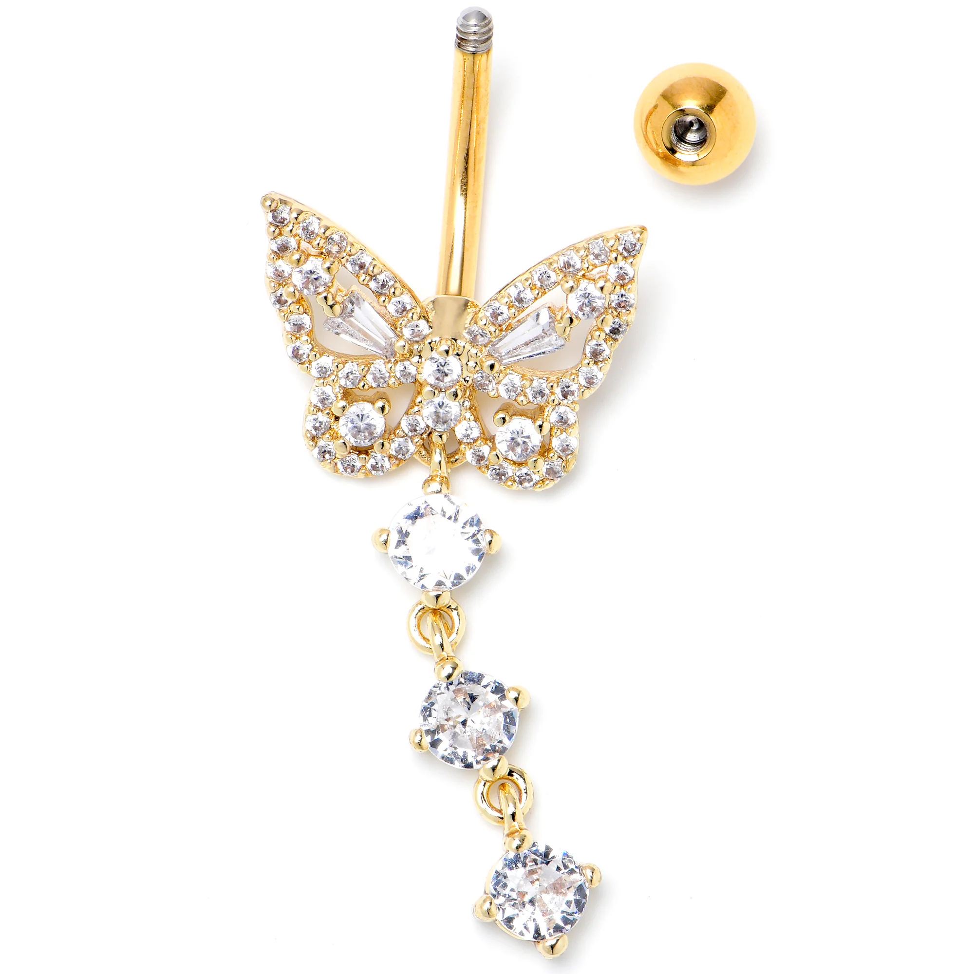 Clear CZ Gem Gold Tone Dramatic Butterfly Dangle Belly Ring - Image 2