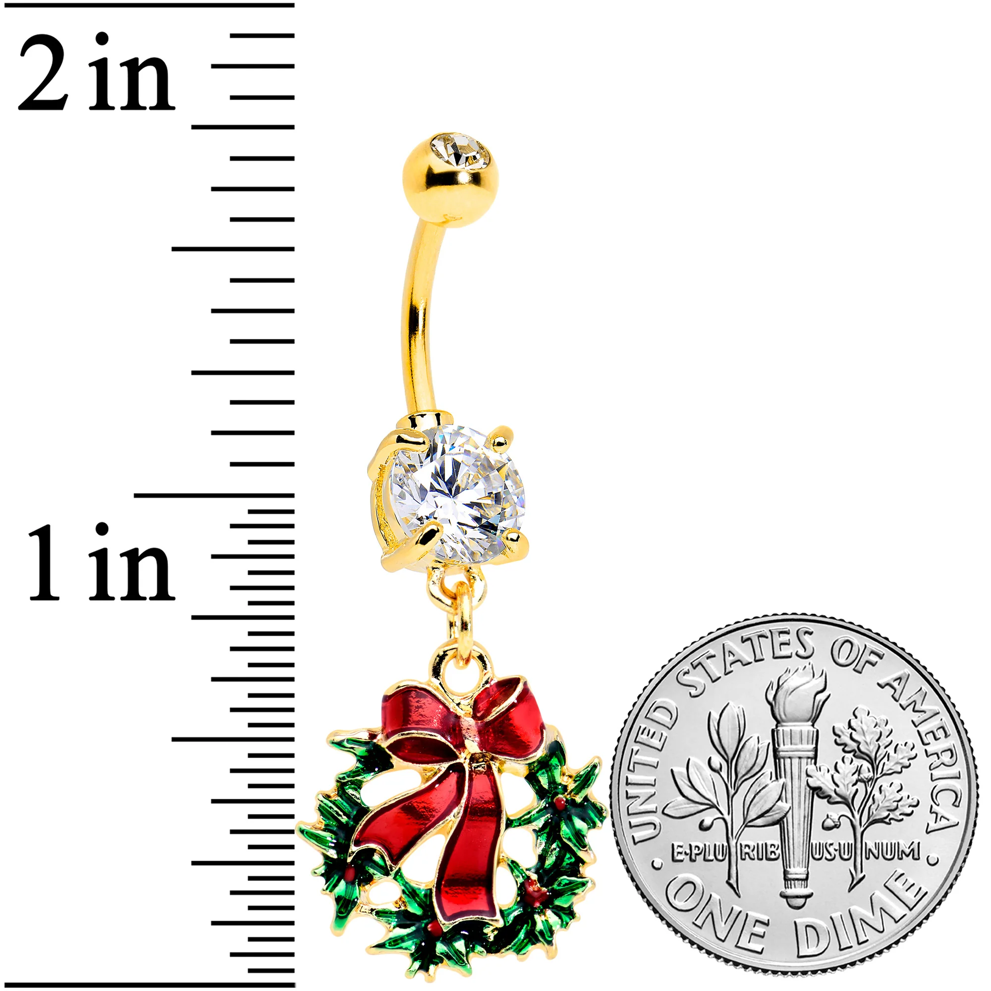 Clear CZ Gem Gold Tone Festive Bow Wreath Christmas Dangle Belly Ring - Image 2