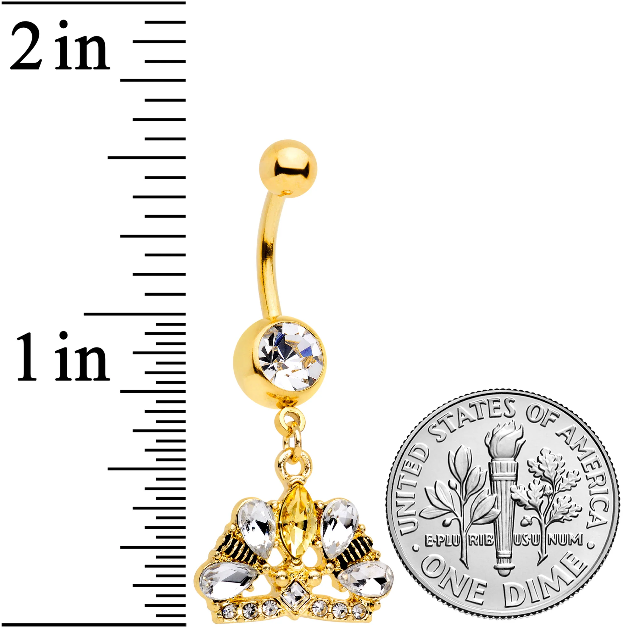 Clear CZ Gem Gold Tone Lavish Crown Dangle Belly Ring - Image 2