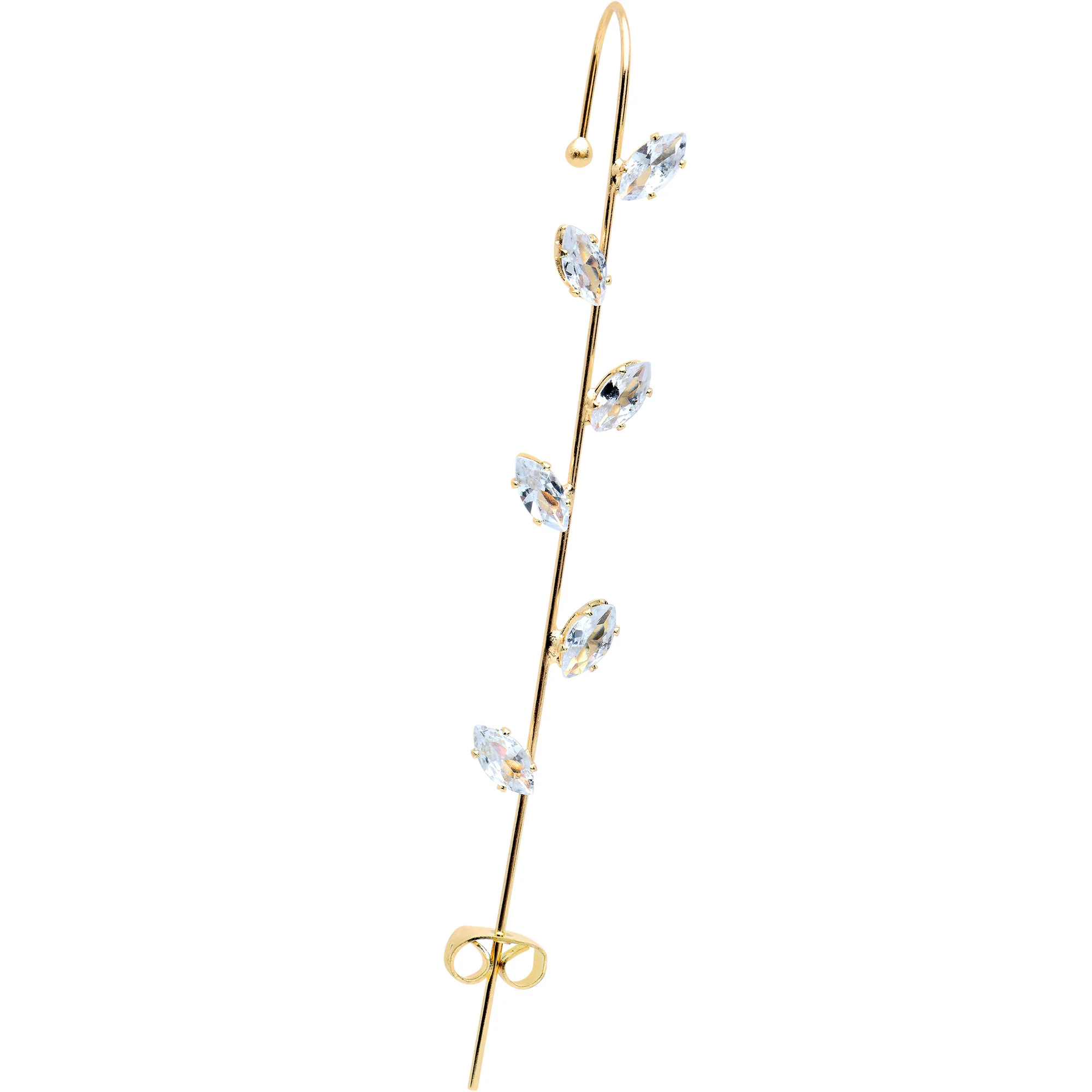 Clear CZ Gem Gold Tone Leafy Vine Ear Cuff Bar Earring