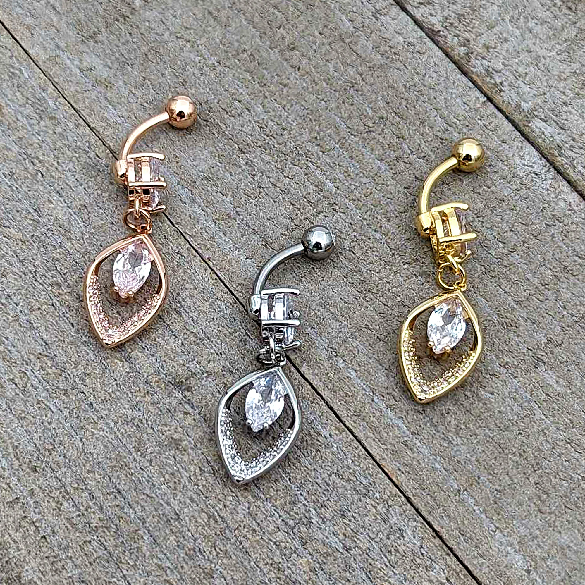 Clear CZ Gem Gold Tone Lush Leaf Dangle Belly Ring - Image 7