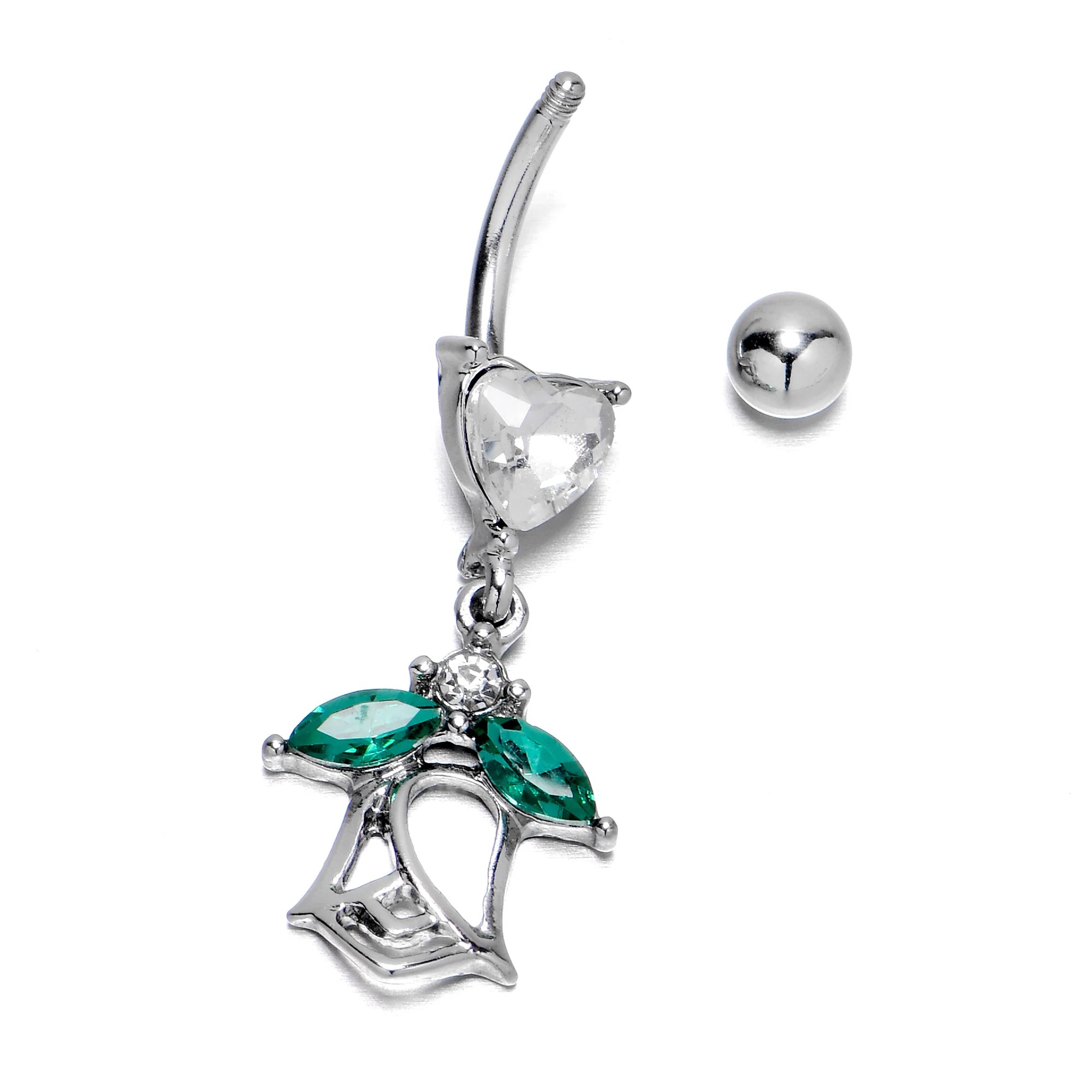 Clear CZ Gem Heart And Rose Dangle Belly Ring - Image 6