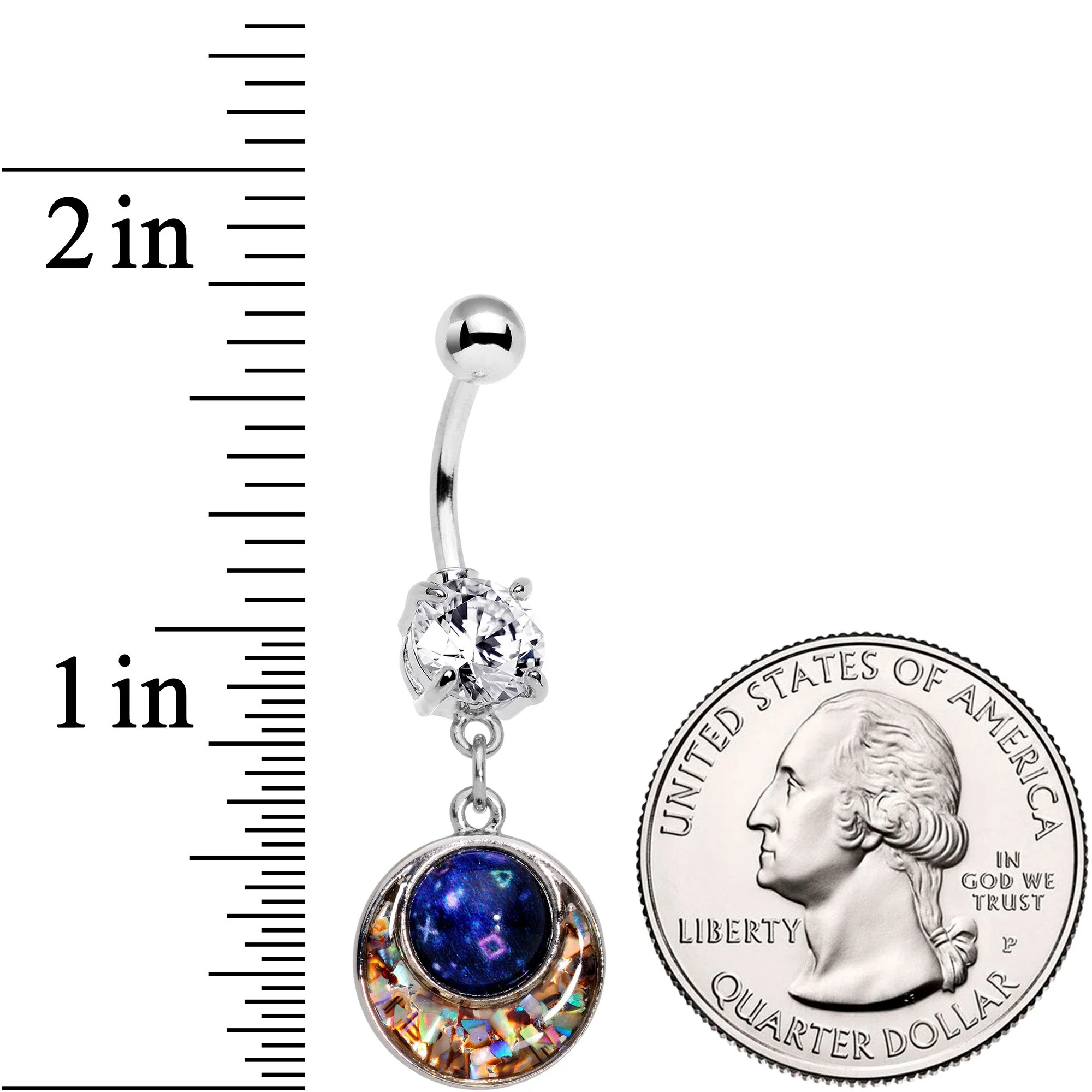 Clear CZ Gem Mysterious Galaxy Glitter Mosaic Inlay Dangle Belly Ring - Image 2