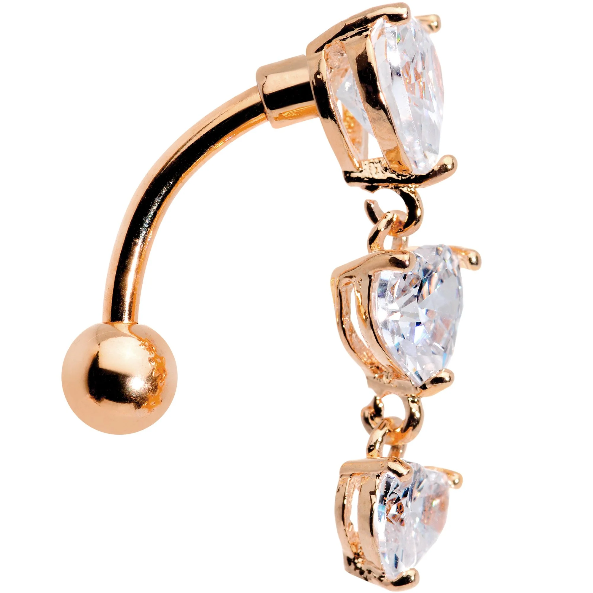 Clear CZ Gem Rose Gold Plated Tri Heart Top Mount Dangle Belly Ring - Image 2