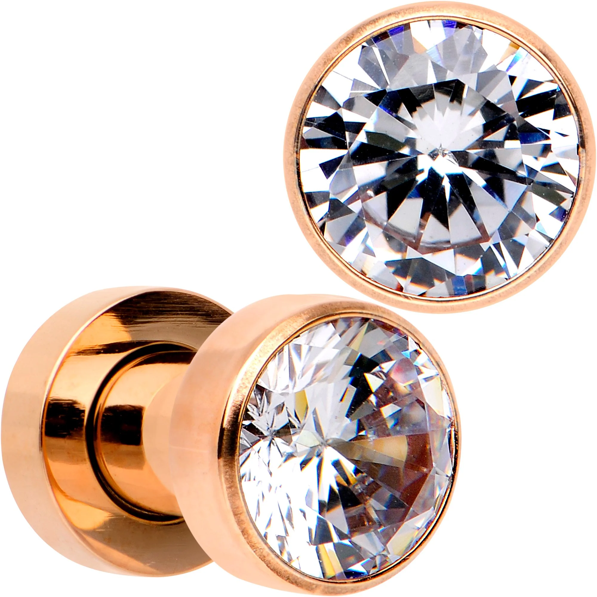 Clear CZ Gem Rose Gold PVD Glitzy Screw Fit Tunnel Plug Set - Image 9