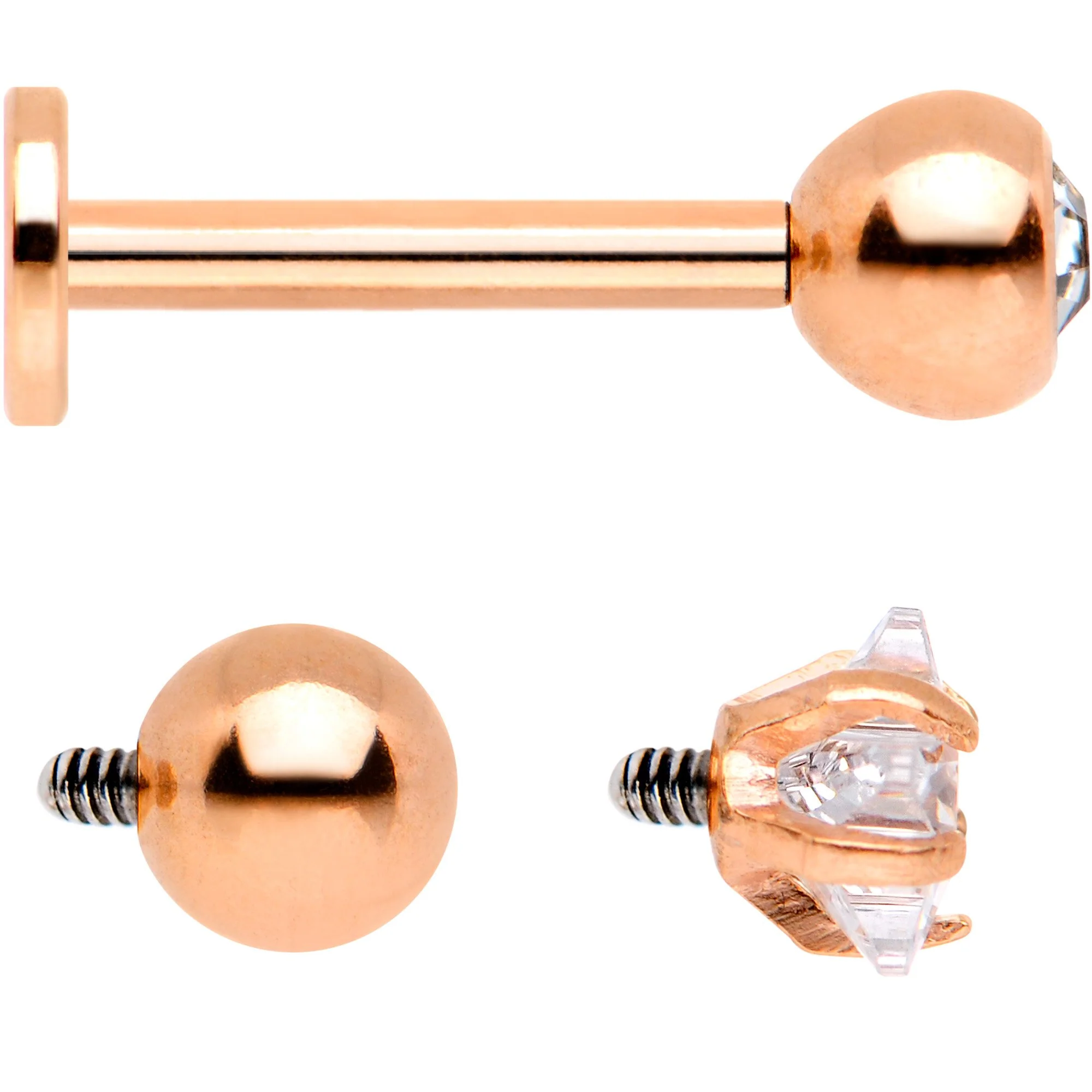 Clear CZ Gem Rose Gold PVD Internally Threaded Labret Set of 3 Ends - Image 2