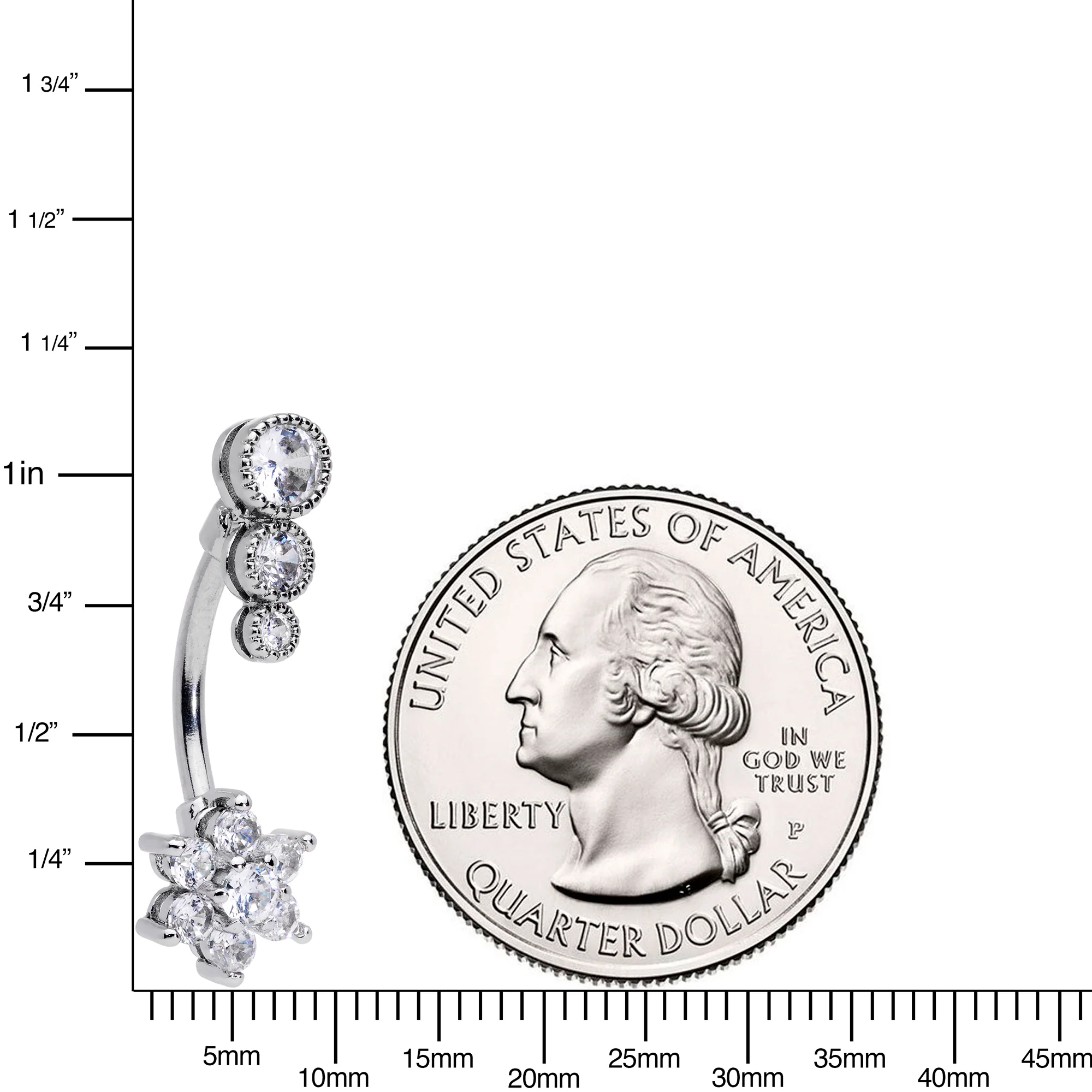 Clear CZ Gem Triple Drop Flower Belly Ring - Image 2