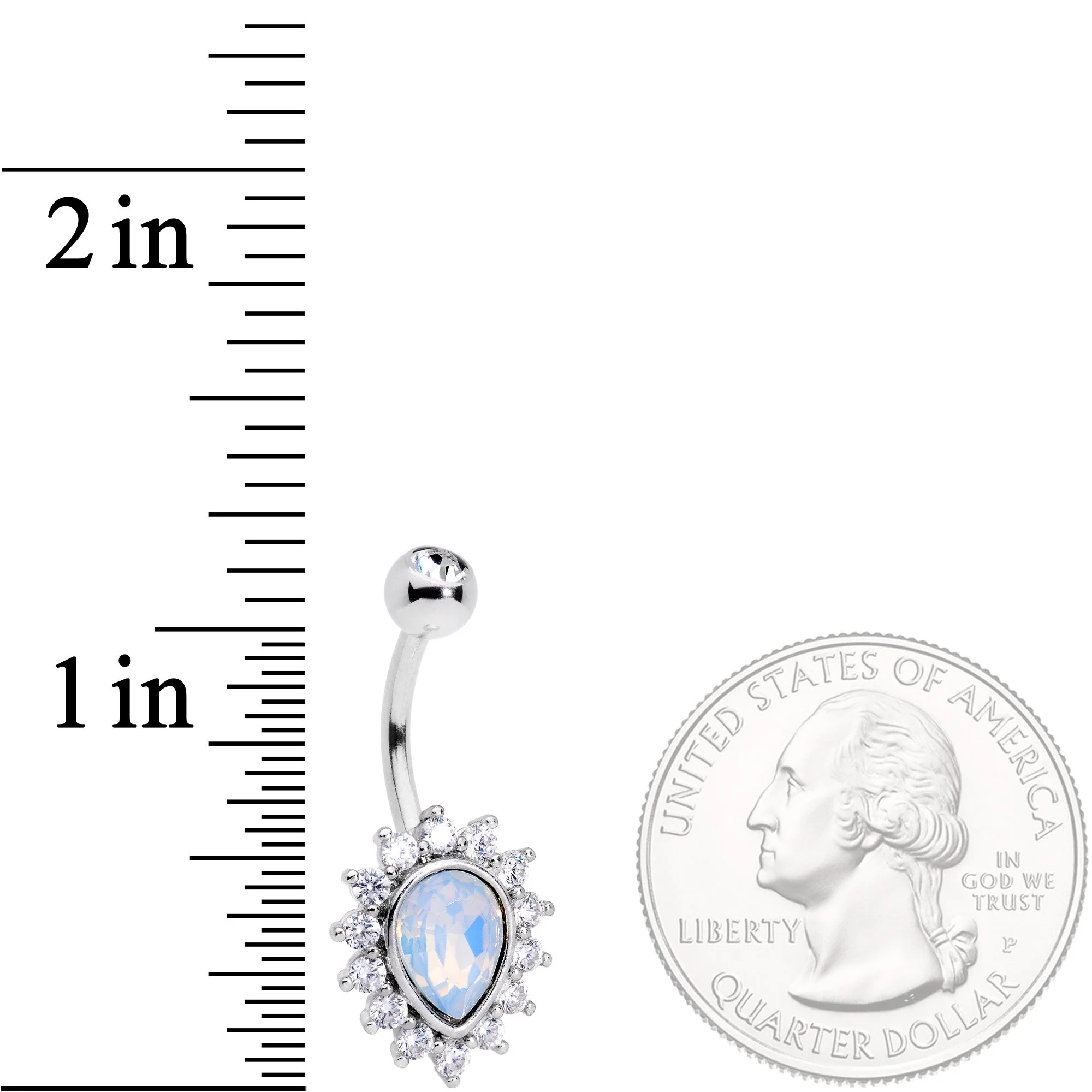 Clear CZ Gem White Faux Opal Fire Teardrop Belly Ring - Image 3