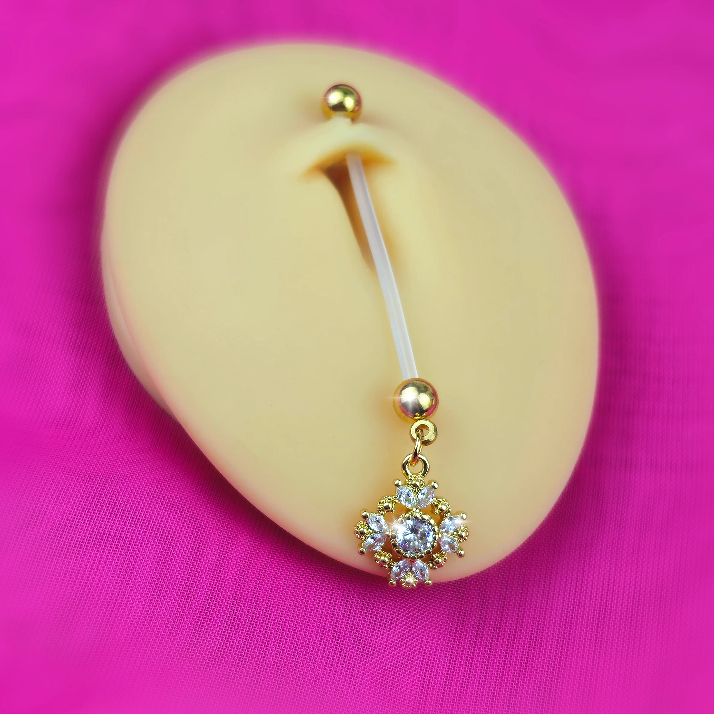 Clear Gem Bioplast Golden Glamour Dangle PTFE Pregnancy Belly Ring - Image 2