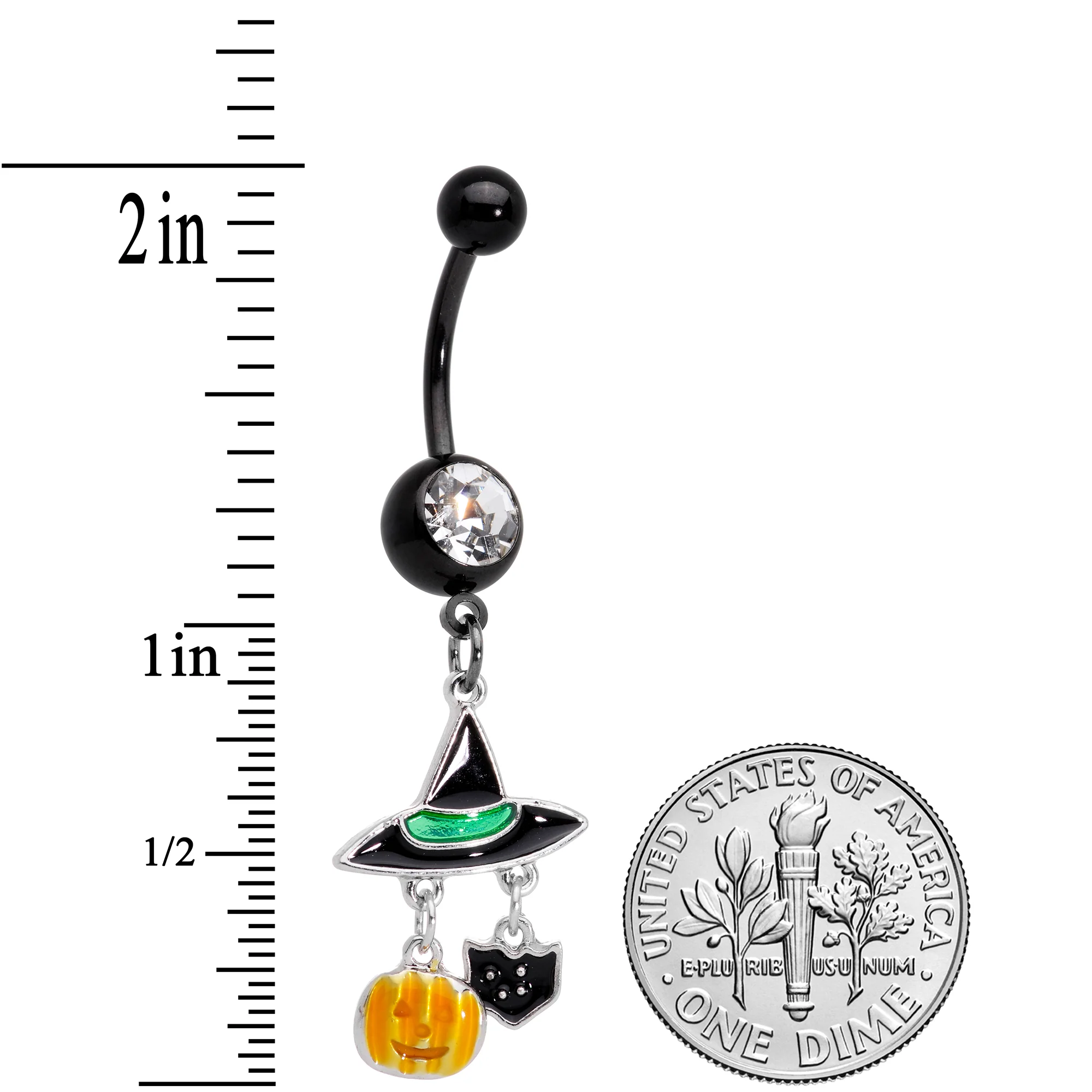 Clear Gem Black Cat Witch Hat Halloween Dangle Belly Ring - Image 2