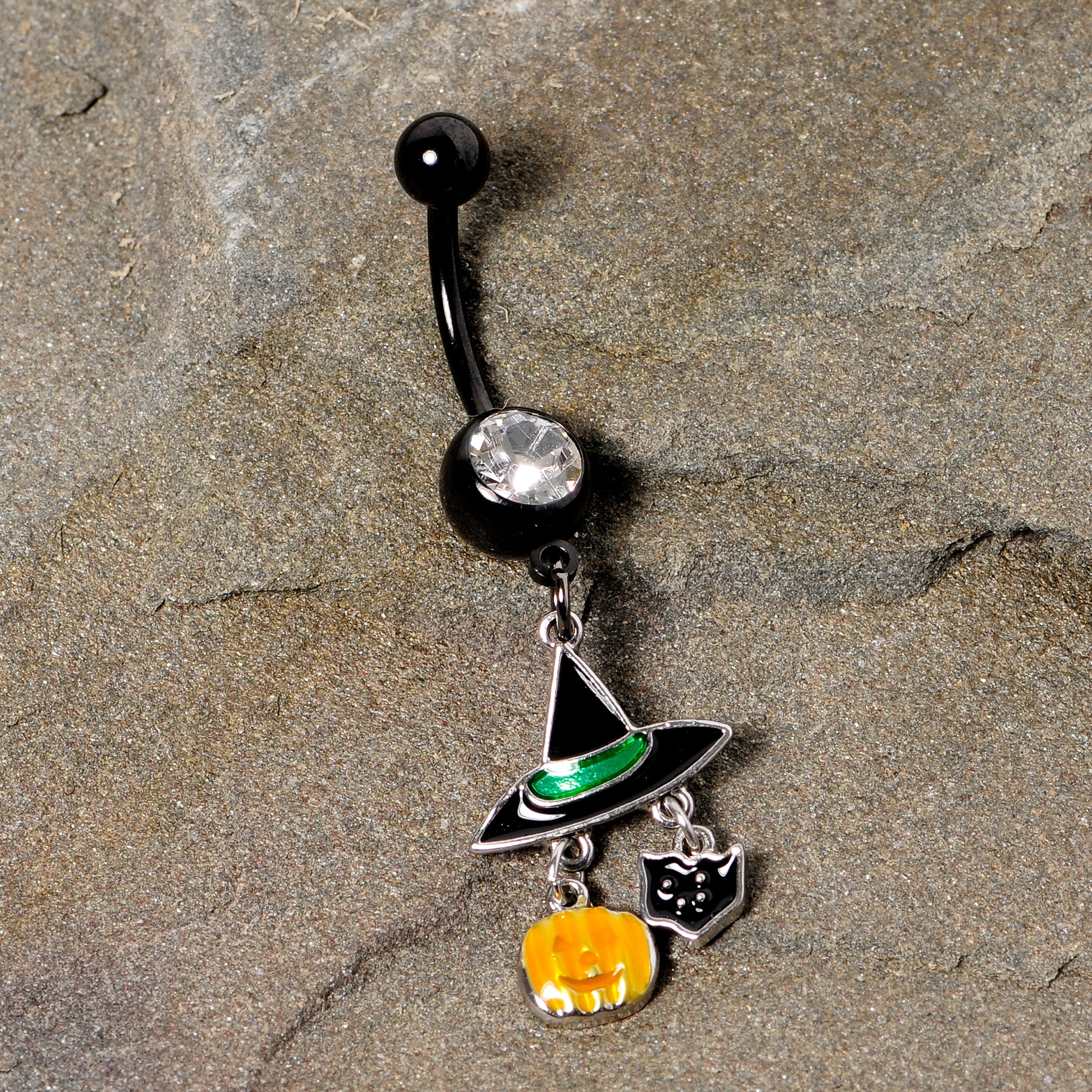 Clear Gem Black Cat Witch Hat Halloween Dangle Belly Ring - Image 5