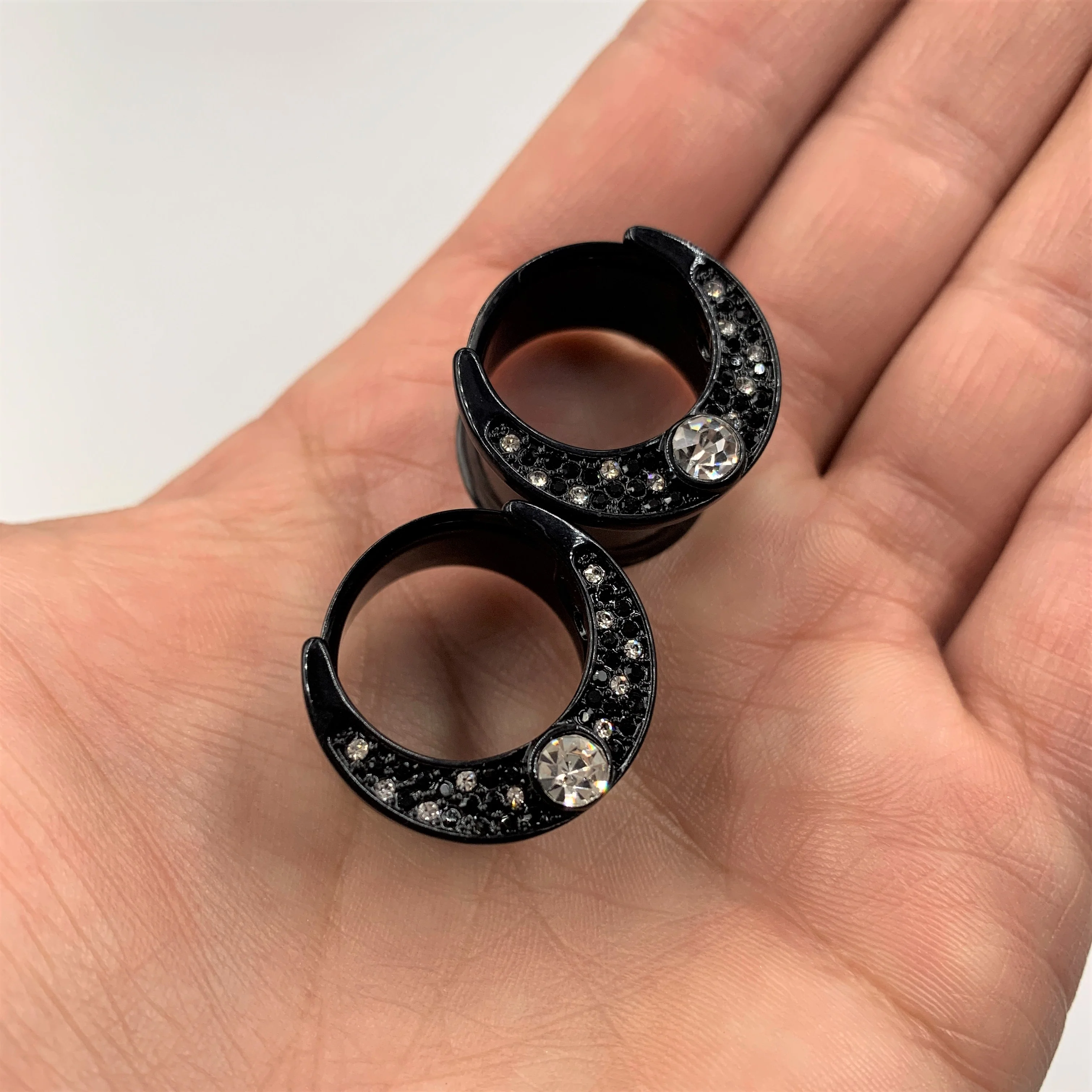 Clear Gem Black Crescent Moon Double Flare Tunnel Plug Set - Image 2