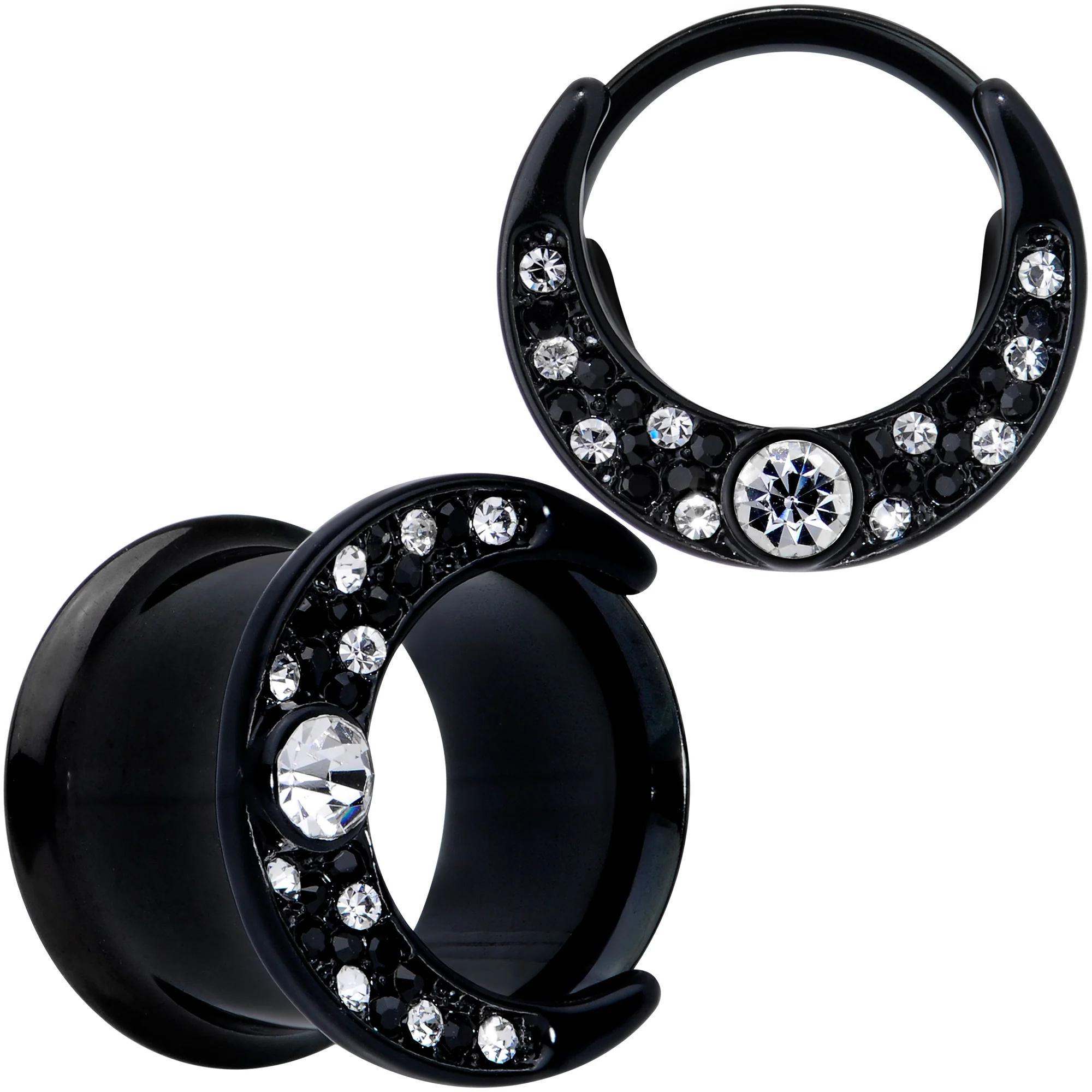 Clear Gem Black Crescent Moon Double Flare Tunnel Plug Set - Image 9