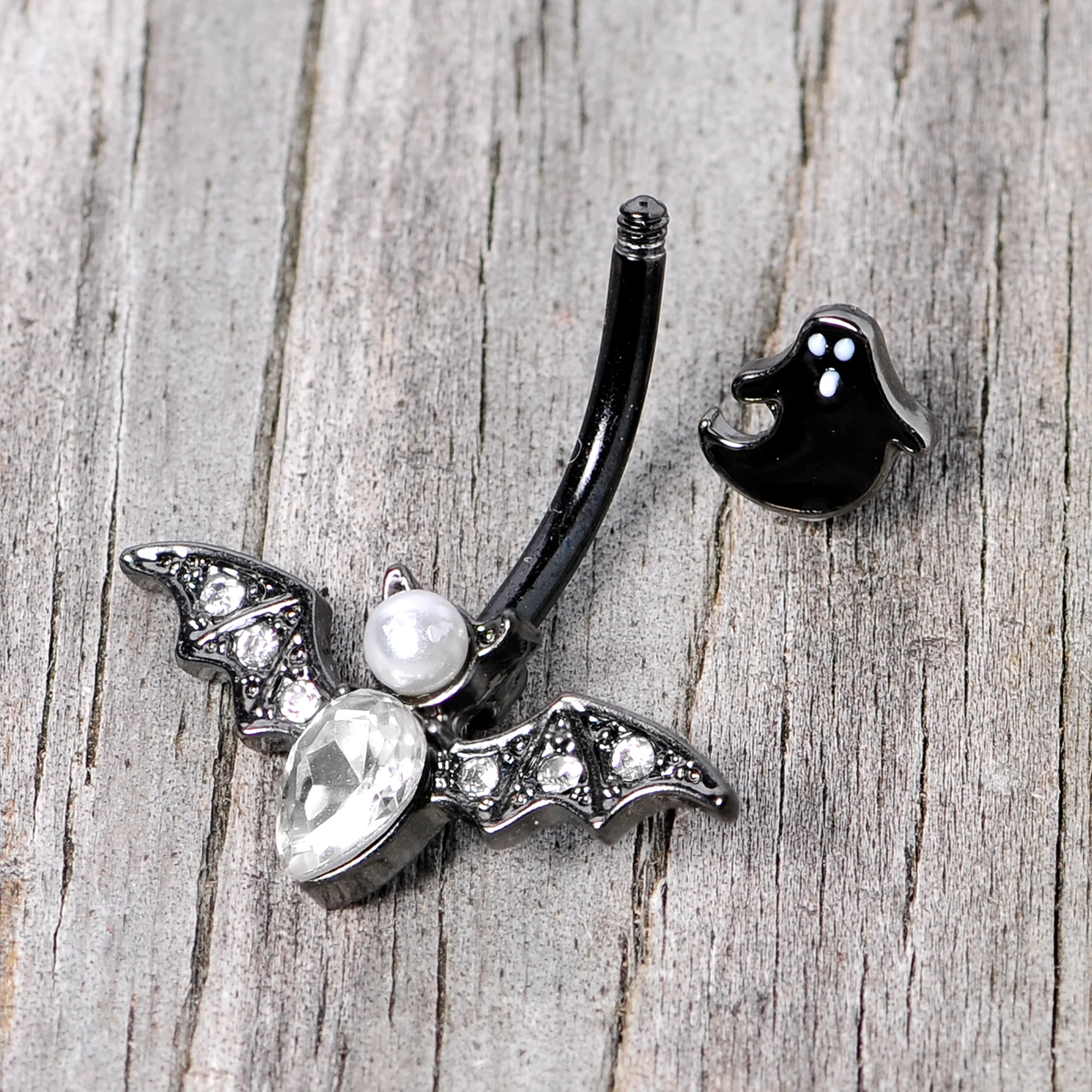 Clear Gem Black Ghost Vampire Bat Halloween Double Mount Belly Ring - Image 5