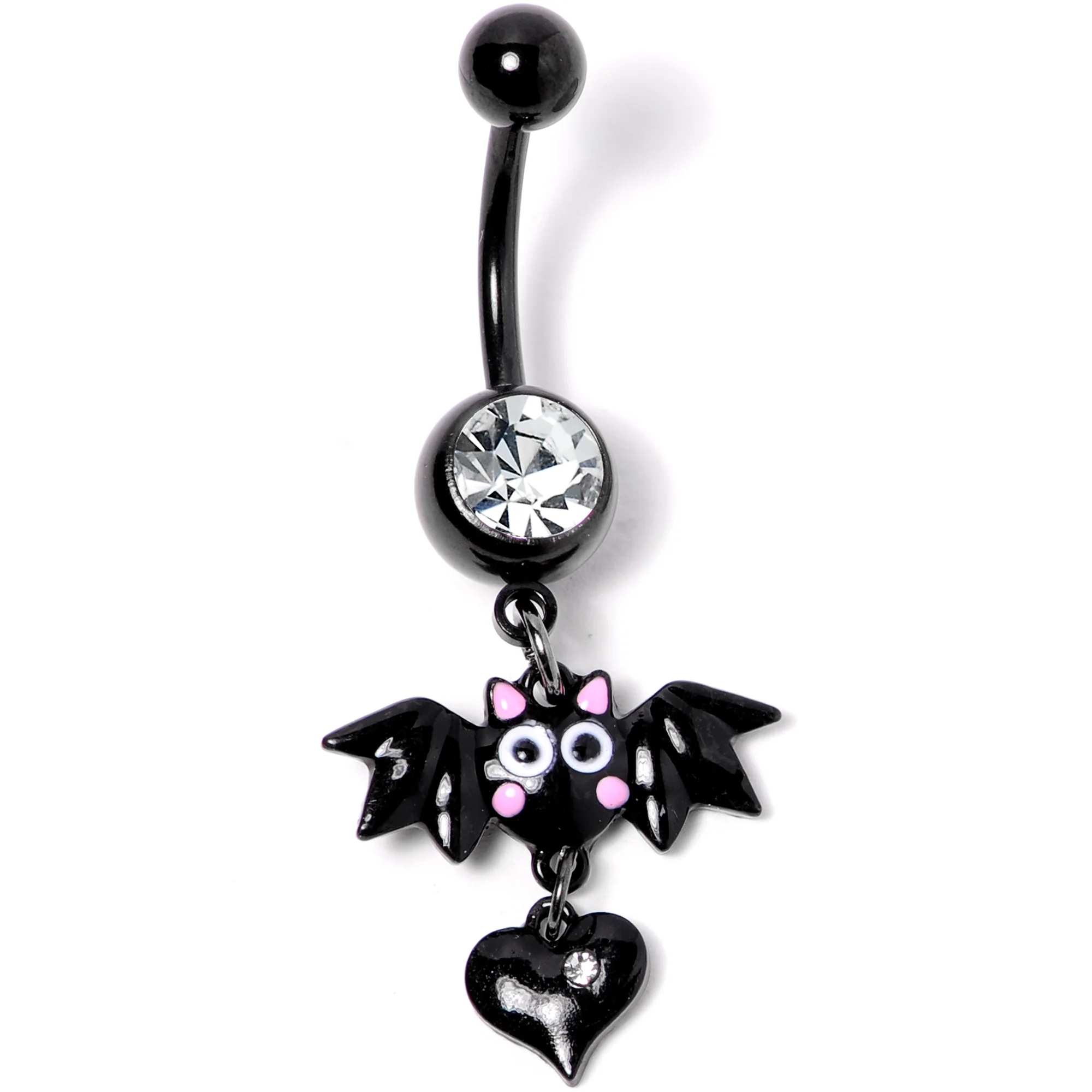 Clear Gem Black Heart Vampire Bat Halloween Dangle Belly Ring - Image 3