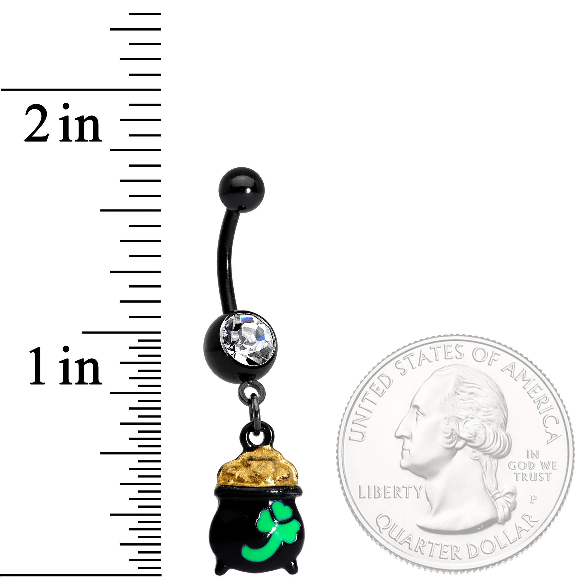 Clear Gem Black Pot of Gold St Patricks Day Dangle Belly Ring - Image 2