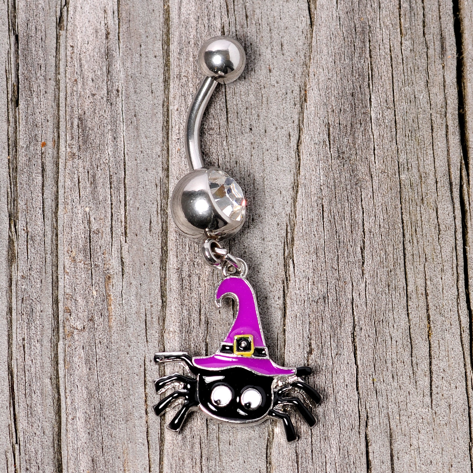 Clear Gem Black Purple Witchy Spider Halloween Dangle Belly Ring - Image 4