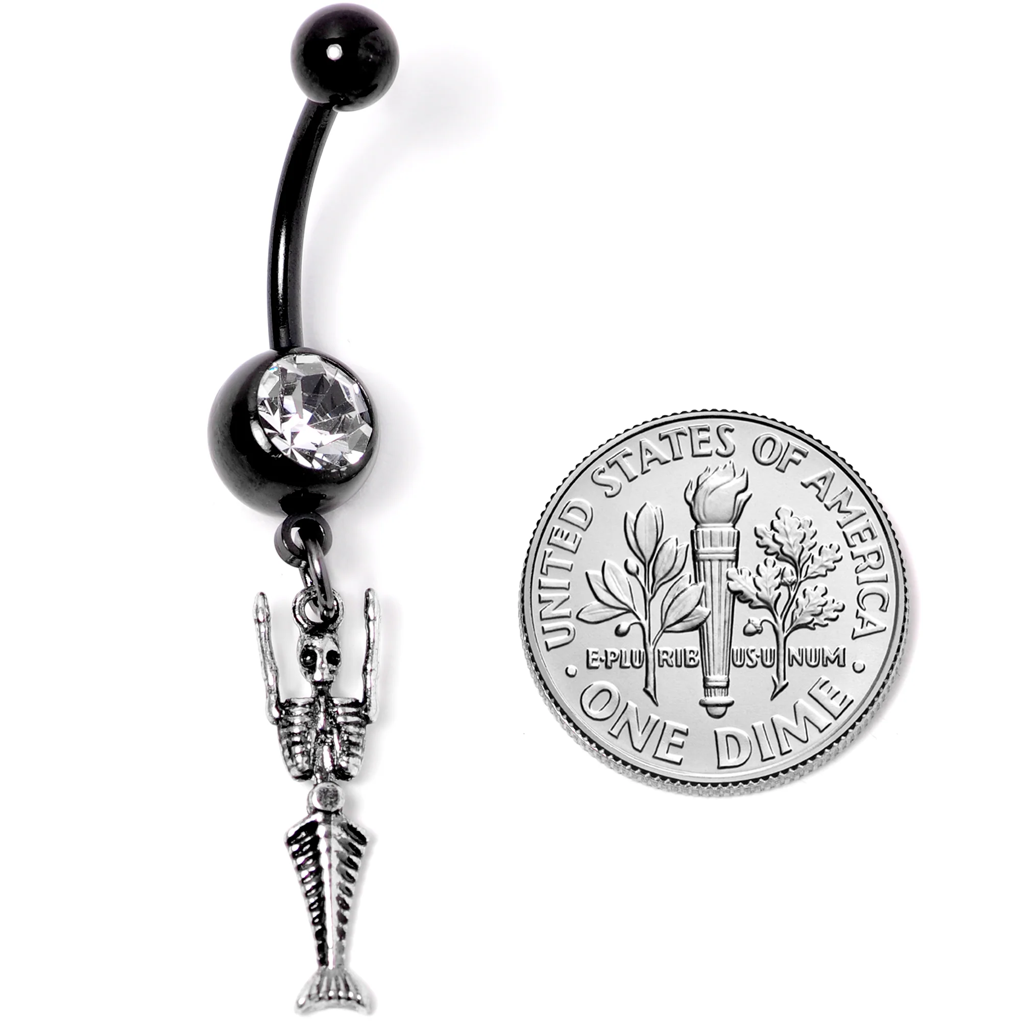 Clear Gem Black PVD Mermaid Skeleton Halloween Dangle Belly Ring - Image 2
