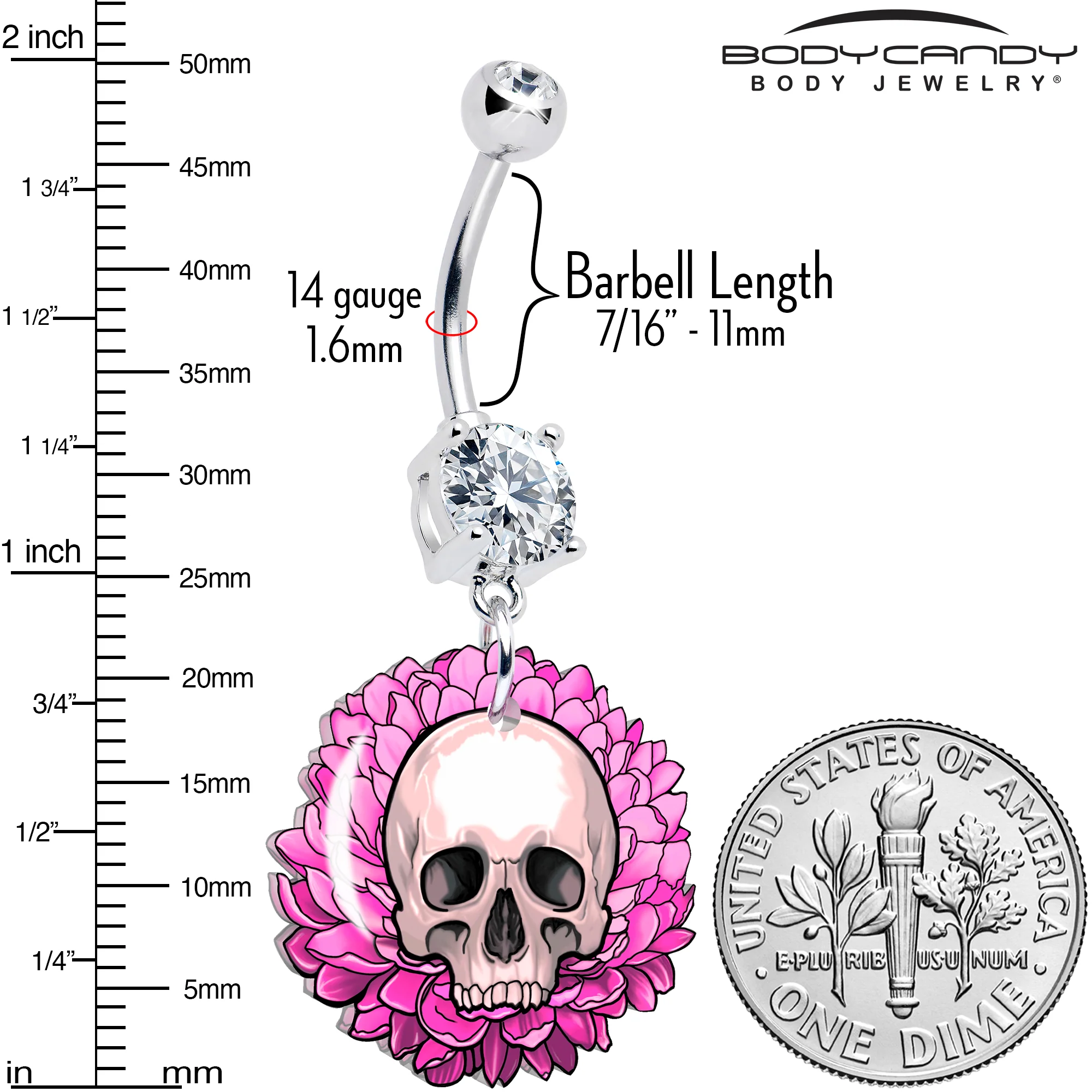 Clear Gem Blooming Pink Flower Skull Dangle Belly Ring by Onyx O - Image 3