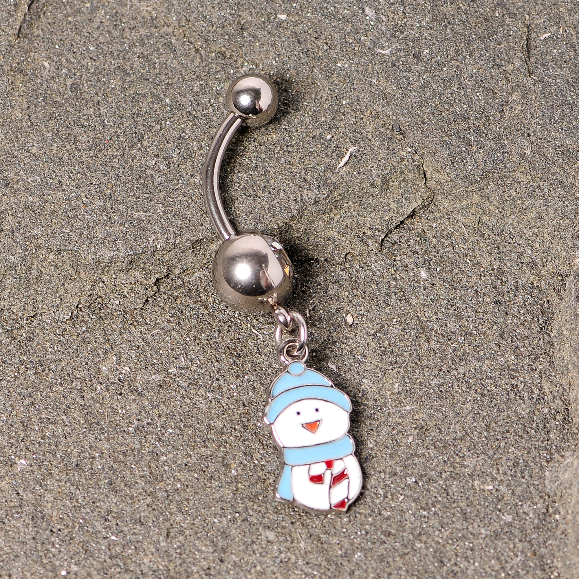 Clear Gem Blue Hat Snowman Winter Holiday Dangle Belly Ring - Image 3