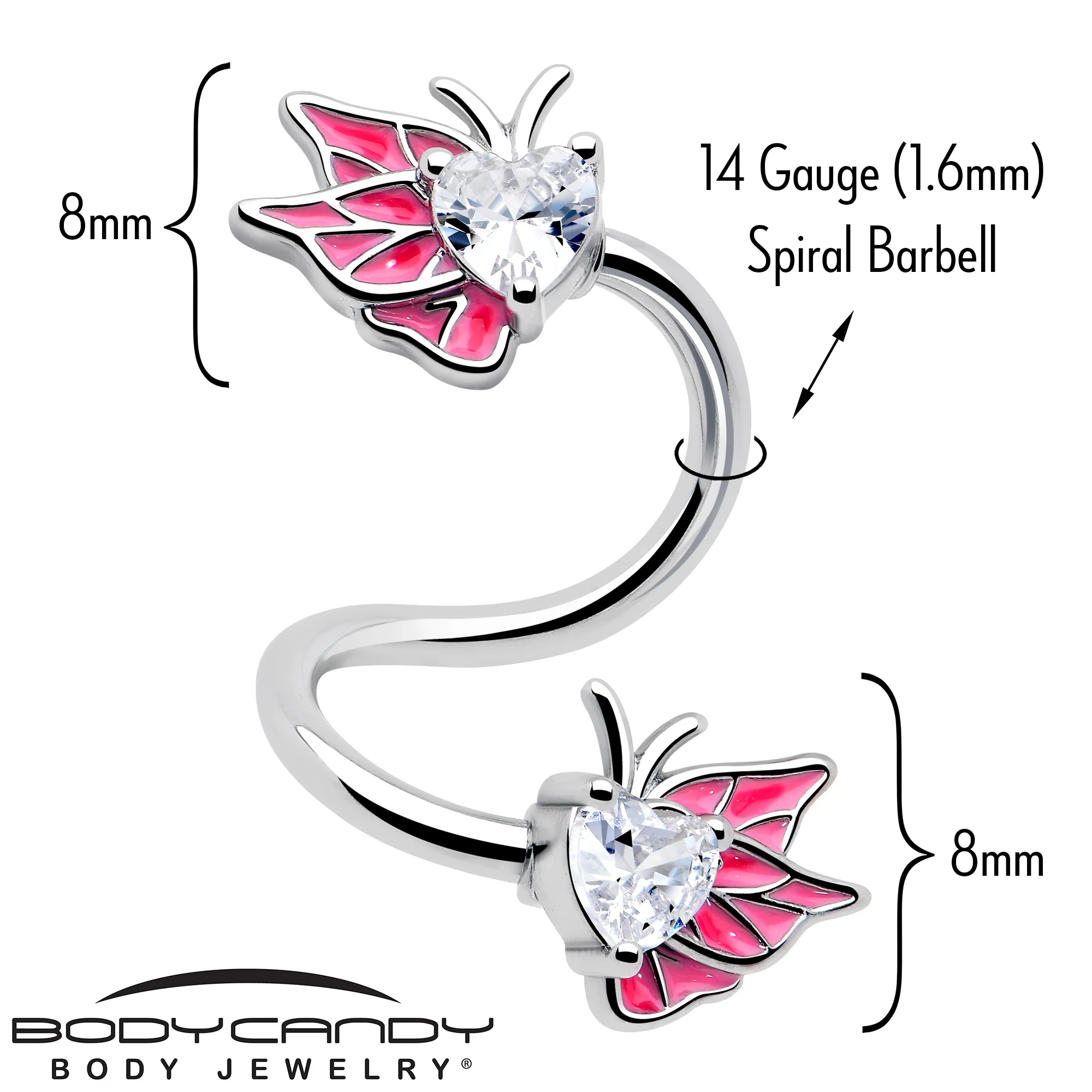 Clear Gem Butterflies Pink Spiral Twister Belly Ring - Image 2