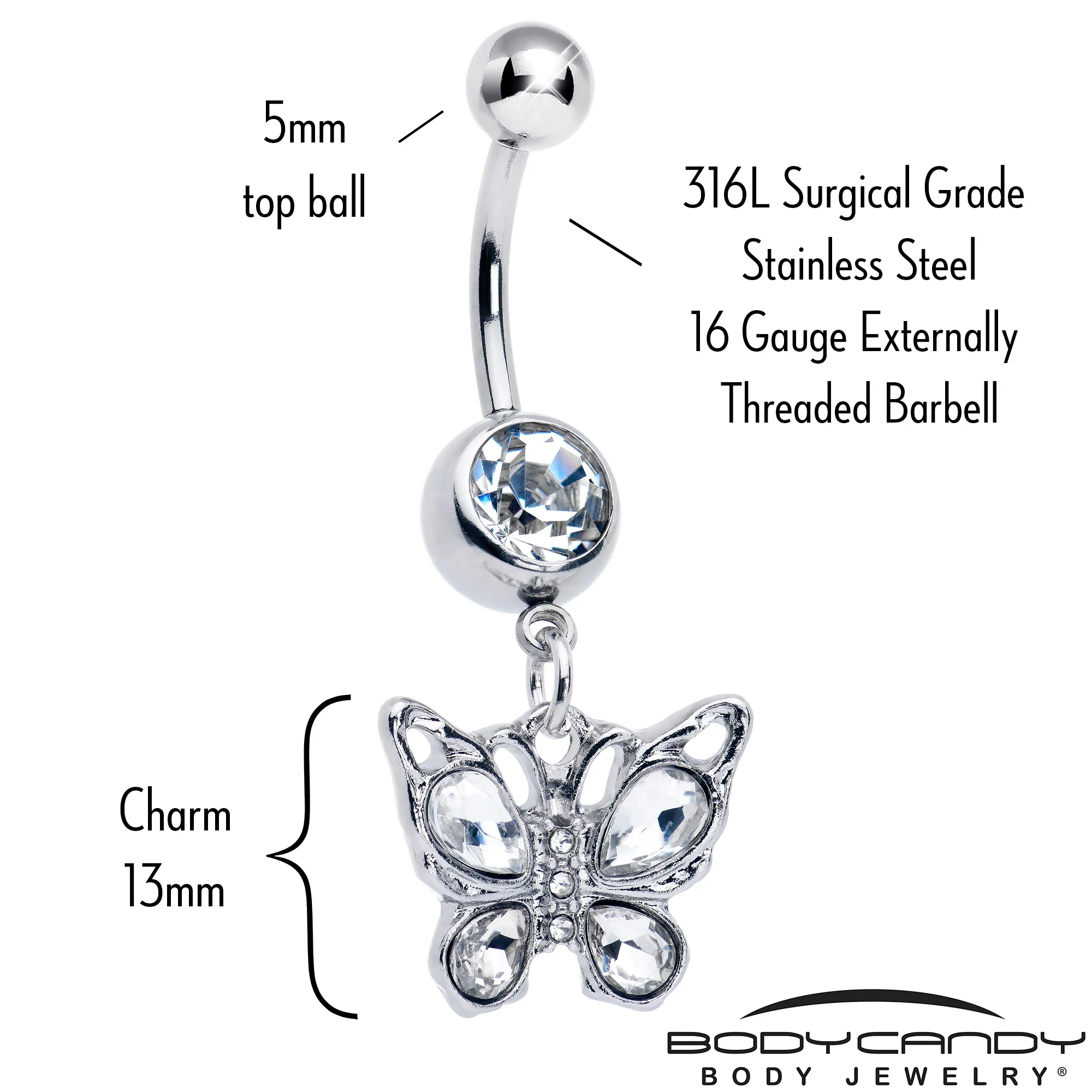 Clear Gem Butterfly Beauty Bling Dangle Belly Ring - Image 2