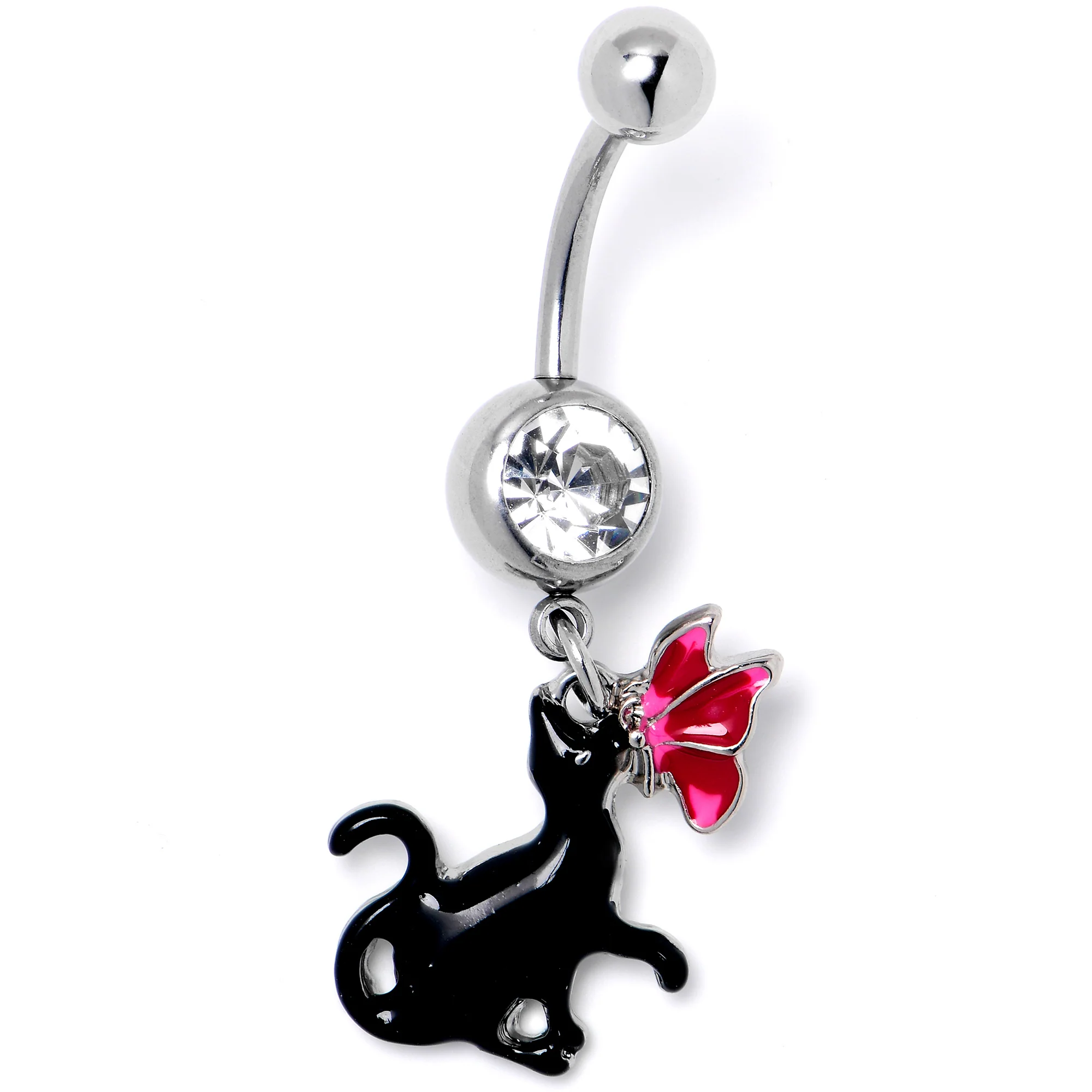Clear Gem Butterfly Black Cat Dangle Belly Ring - Image 3
