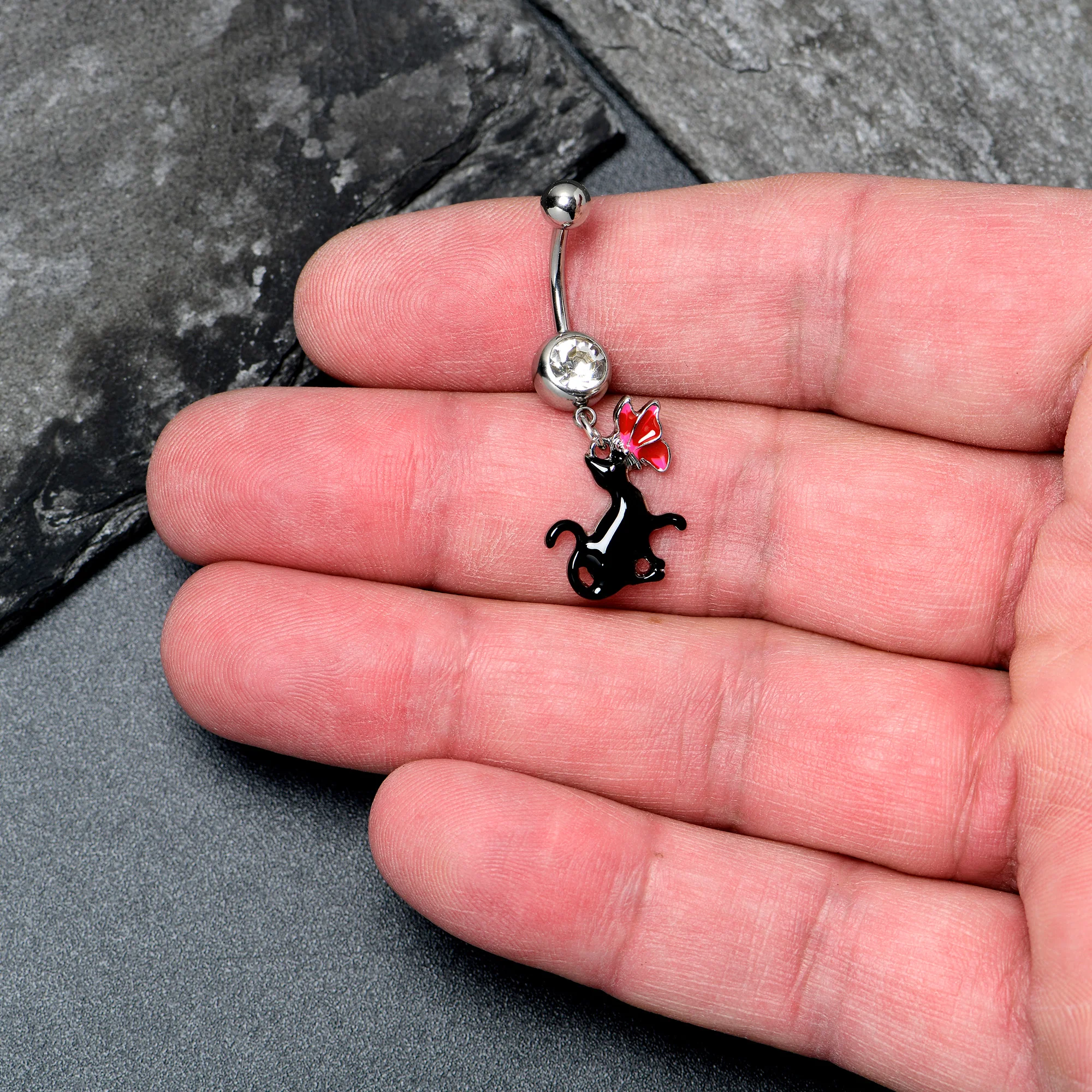 Clear Gem Butterfly Black Cat Dangle Belly Ring - Image 6