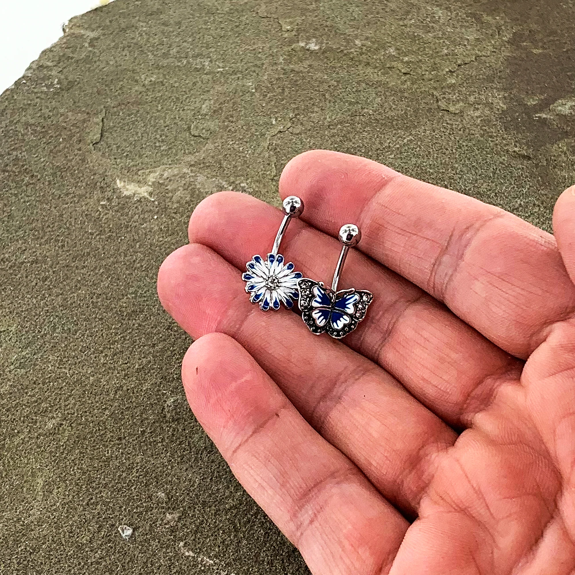 Clear Gem Butterfly Flower Blue White Belly Ring Set of 2 - Image 4