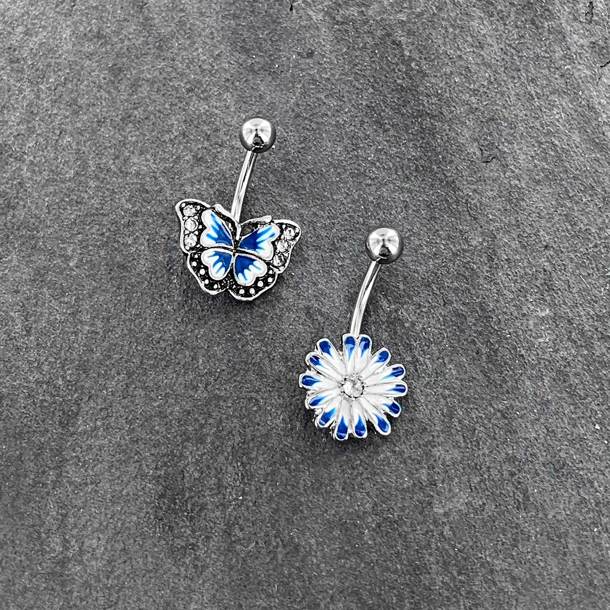 Clear Gem Butterfly Flower Blue White Belly Ring Set of 2 - Image 8