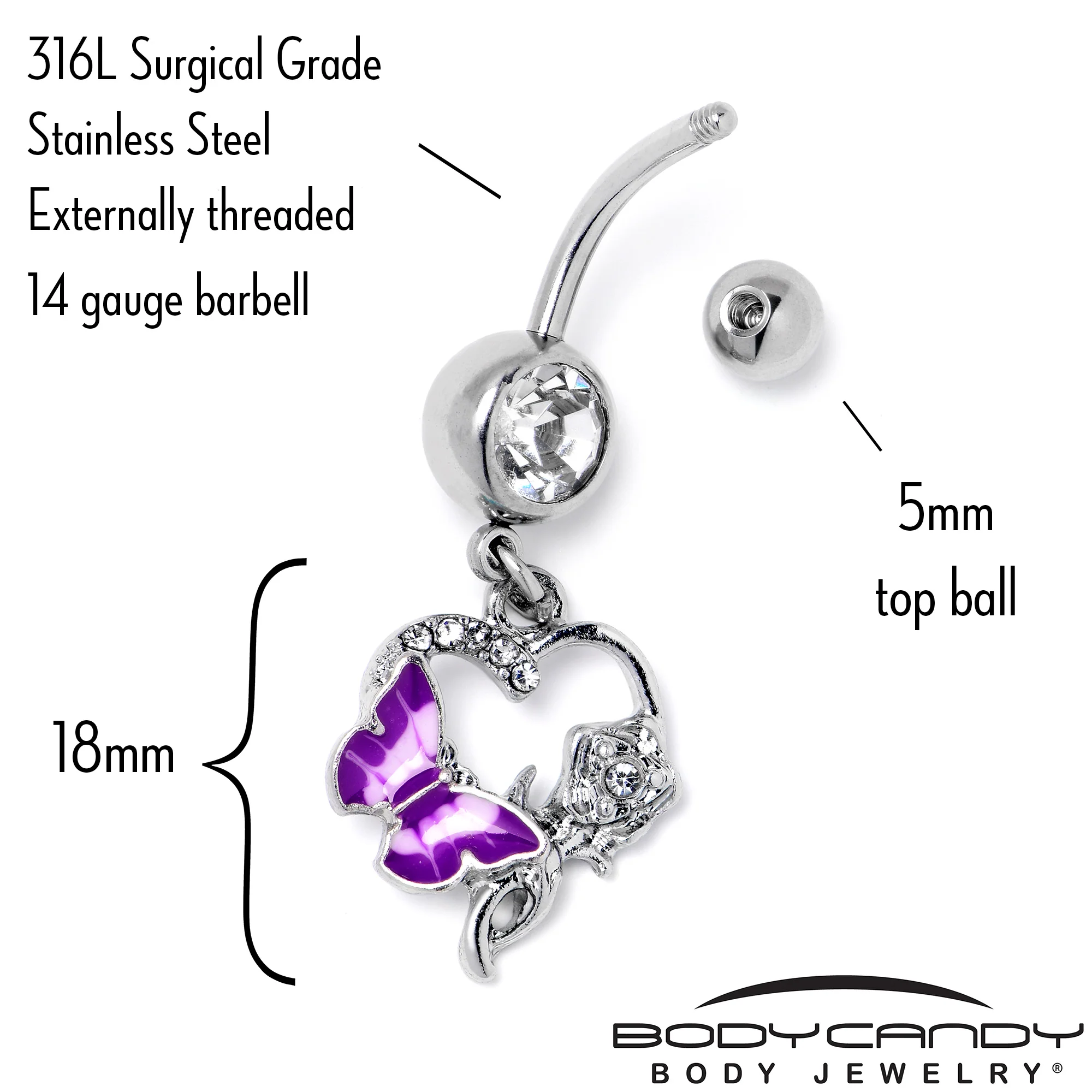Clear Gem Butterfly Rose Flower Purple Dangle Belly Ring - Image 4