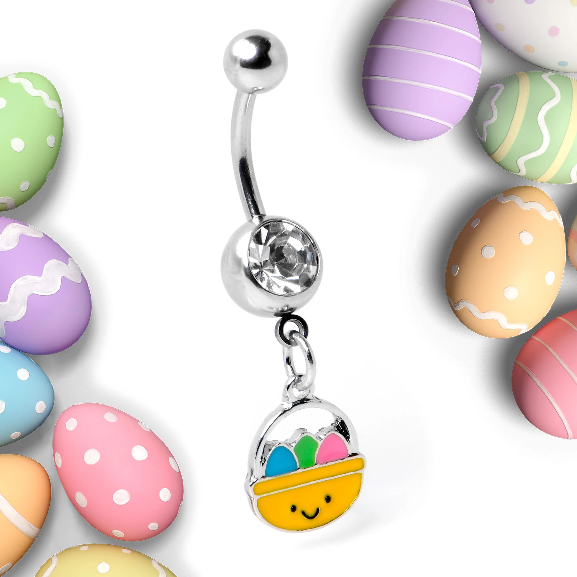 Clear Gem Celebration Easter Basket Dangle Belly Ring - Image 4