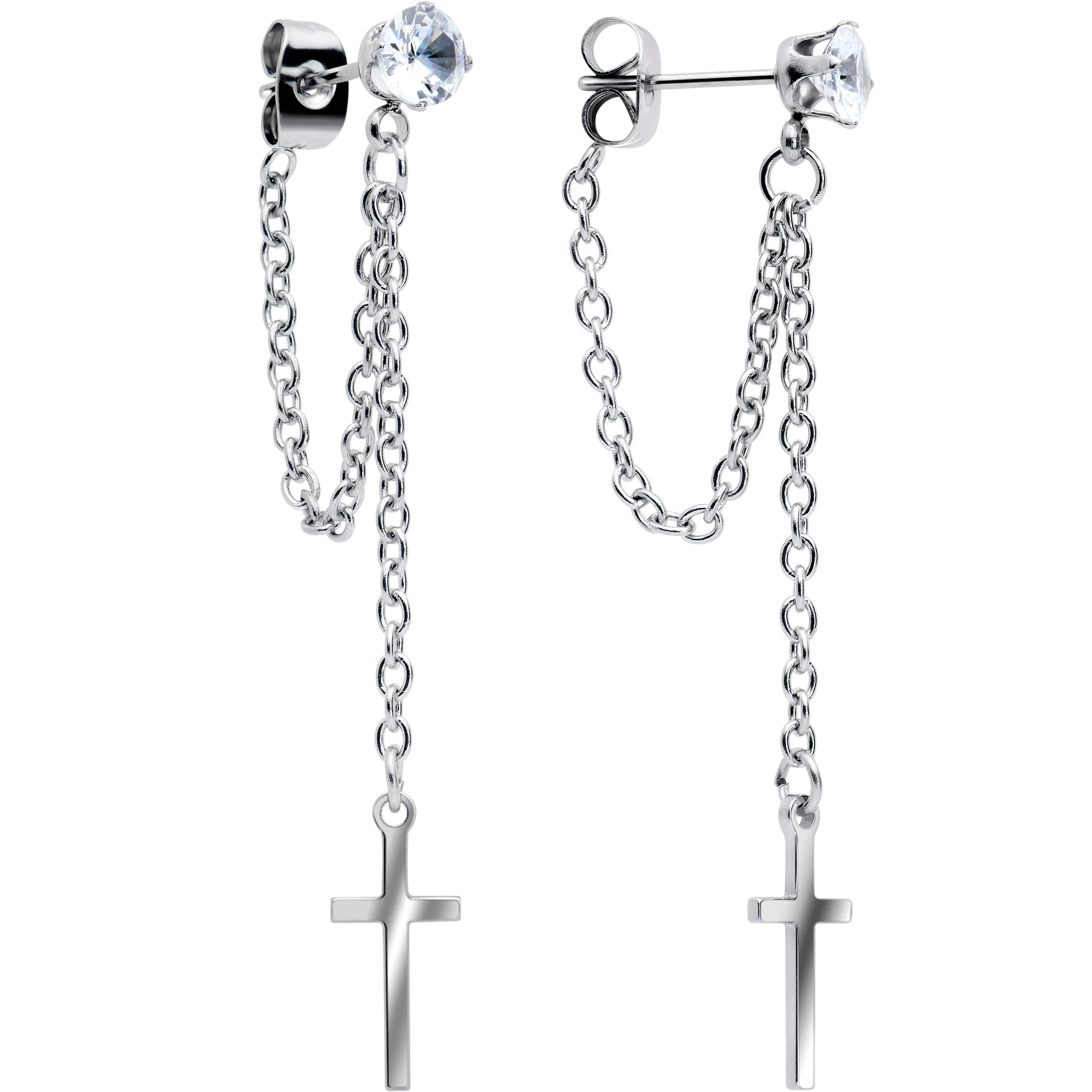Clear Gem Chain Dangle Cross Stud Earrings - Image 2